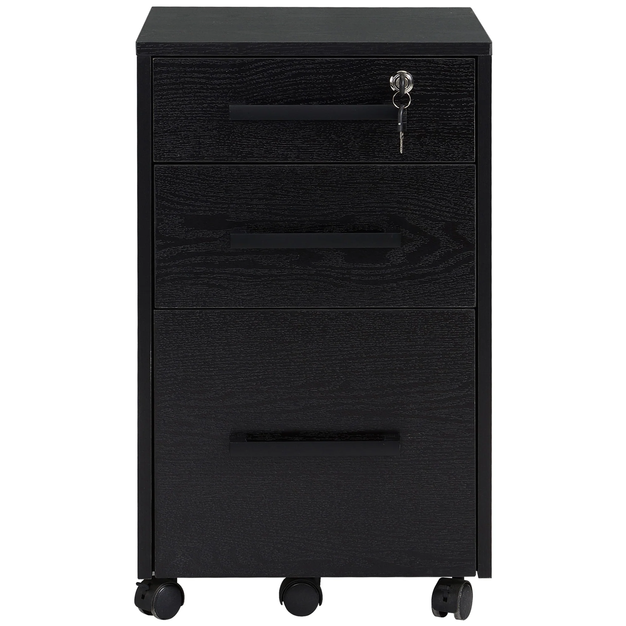3 Drawer File Cabinet on Wheels with Lock, Flat Top & Hanging Bars for A4 Size, Black - Image 2