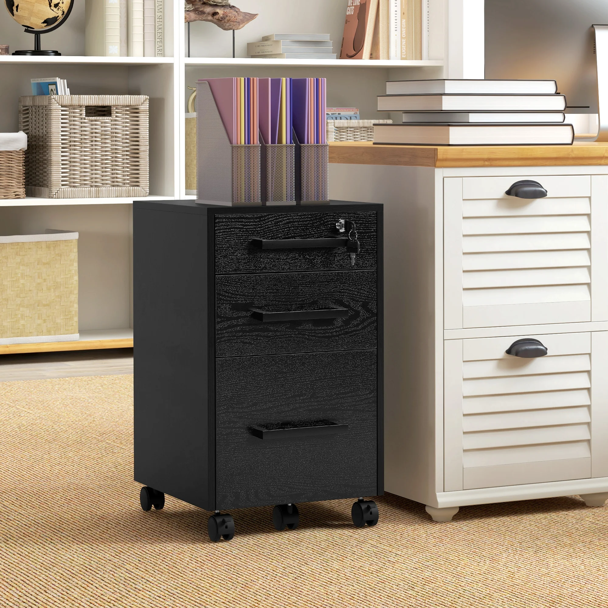 3 Drawer File Cabinet on Wheels with Lock, Flat Top & Hanging Bars for A4 Size, Black - Image 4
