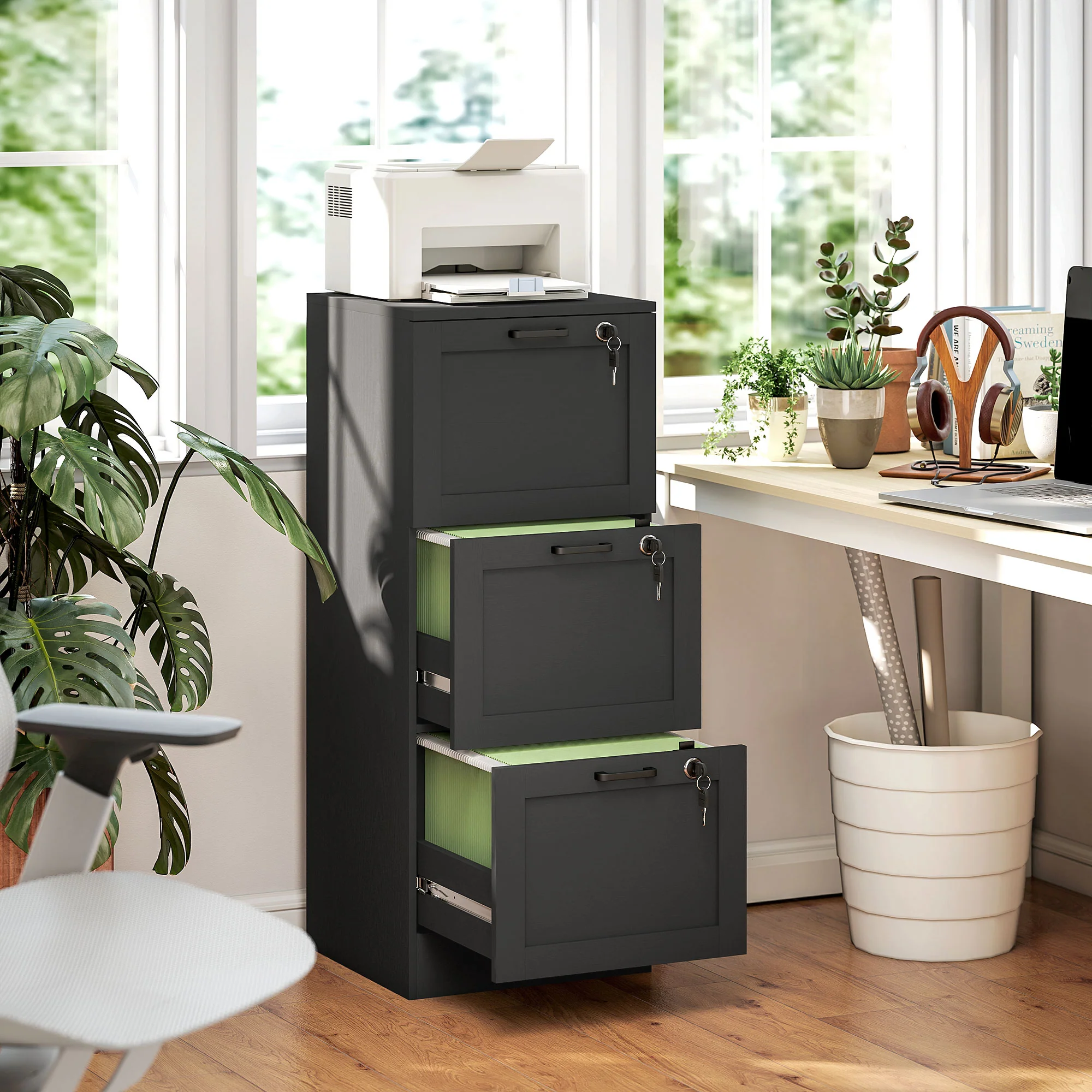 Compact Secure 3-Drawer File Cabinet with Adjustable Rails, Black - Image 4