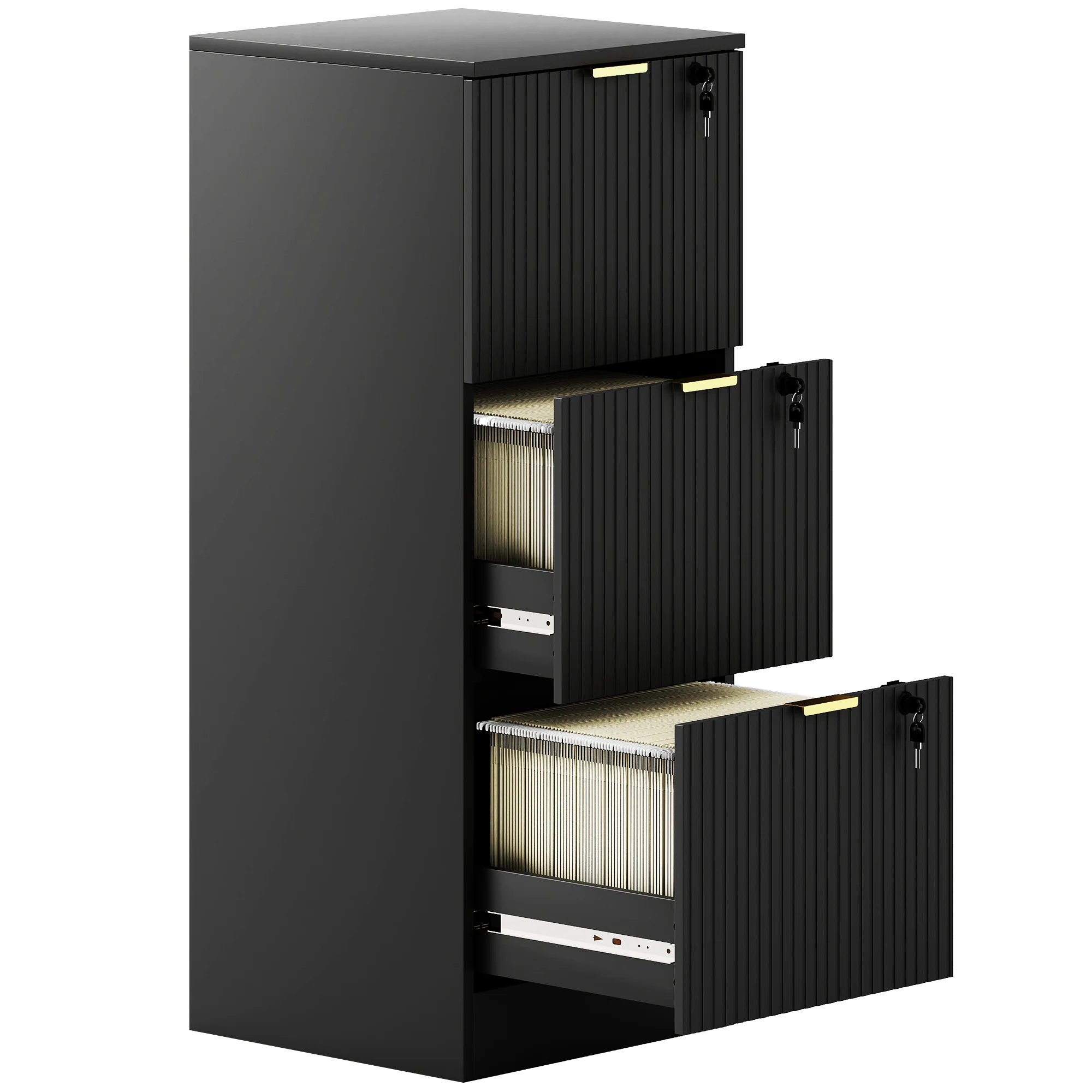 3 Drawer Filing Cabinet, Fluted Vertical File Cabinet with Lock and Adjustable Hanging Rails for A4 and Letter Size Files, Printer Stand with Storage, Black - Image 12
