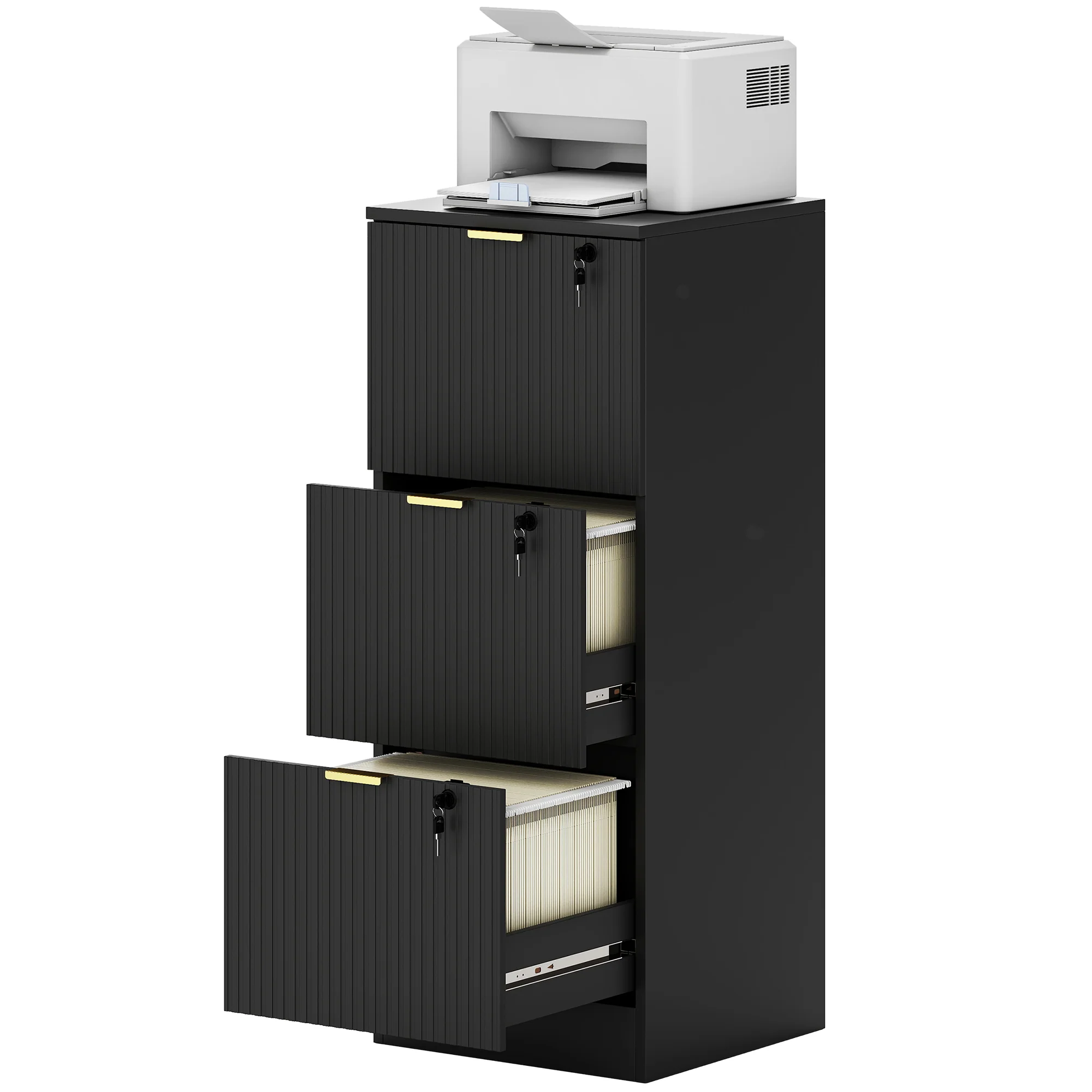 3 Drawer Filing Cabinet, Fluted Vertical File Cabinet with Lock and Adjustable Hanging Rails for A4 and Letter Size Files, Printer Stand with Storage, Black - Image 2