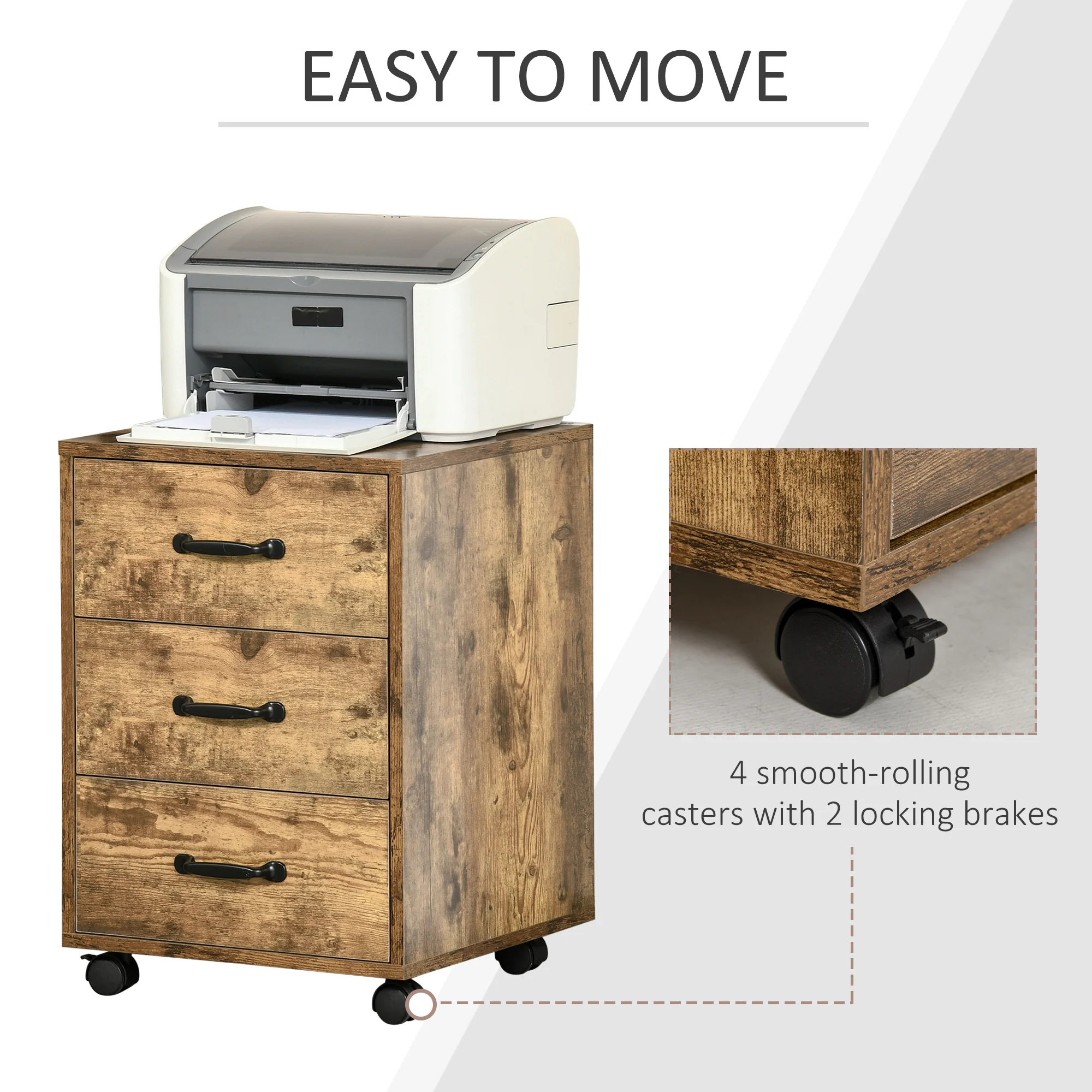 3-Drawer Mobile File Cabinet for Home Office, Under Desk File Cabinet w/ Wheels, Rustic Brown - Image 7