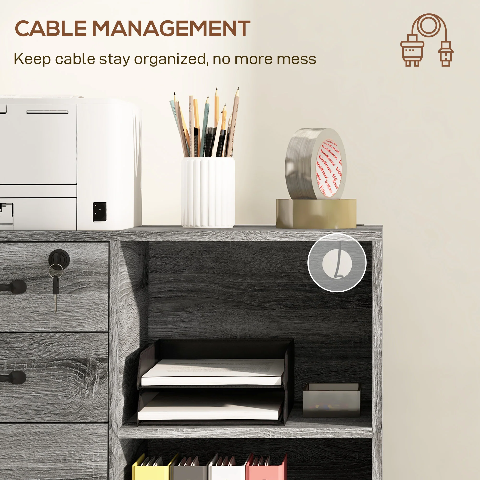 3 Drawer File Cabinet w/ Open Shelf, Charging Station & USB Ports, Mobile Printer Stand, Grey - Image 10
