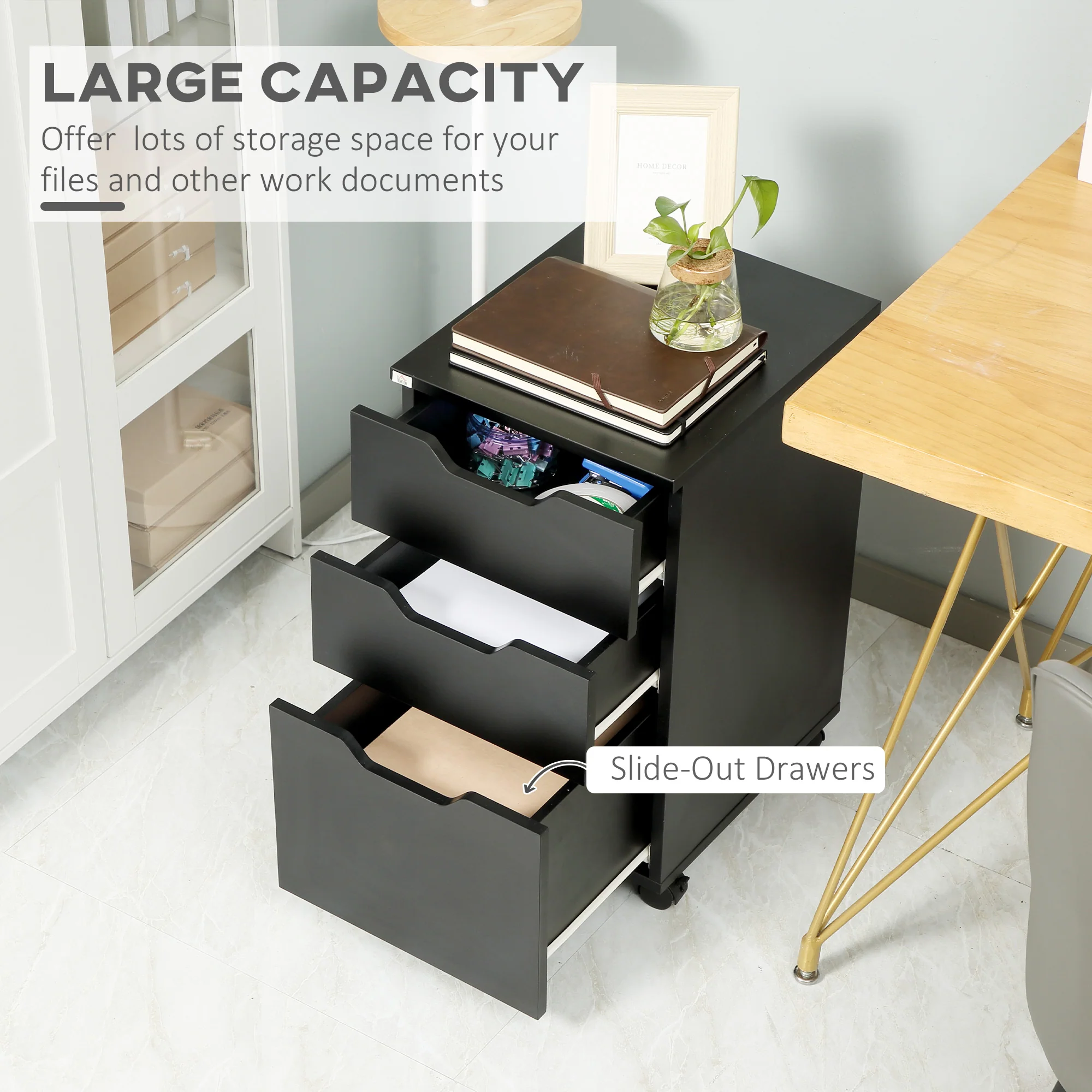 3 Drawer Mobile File Cabinet Rolling Printer Stand Vertical Filing Cabinet Black - Image 6