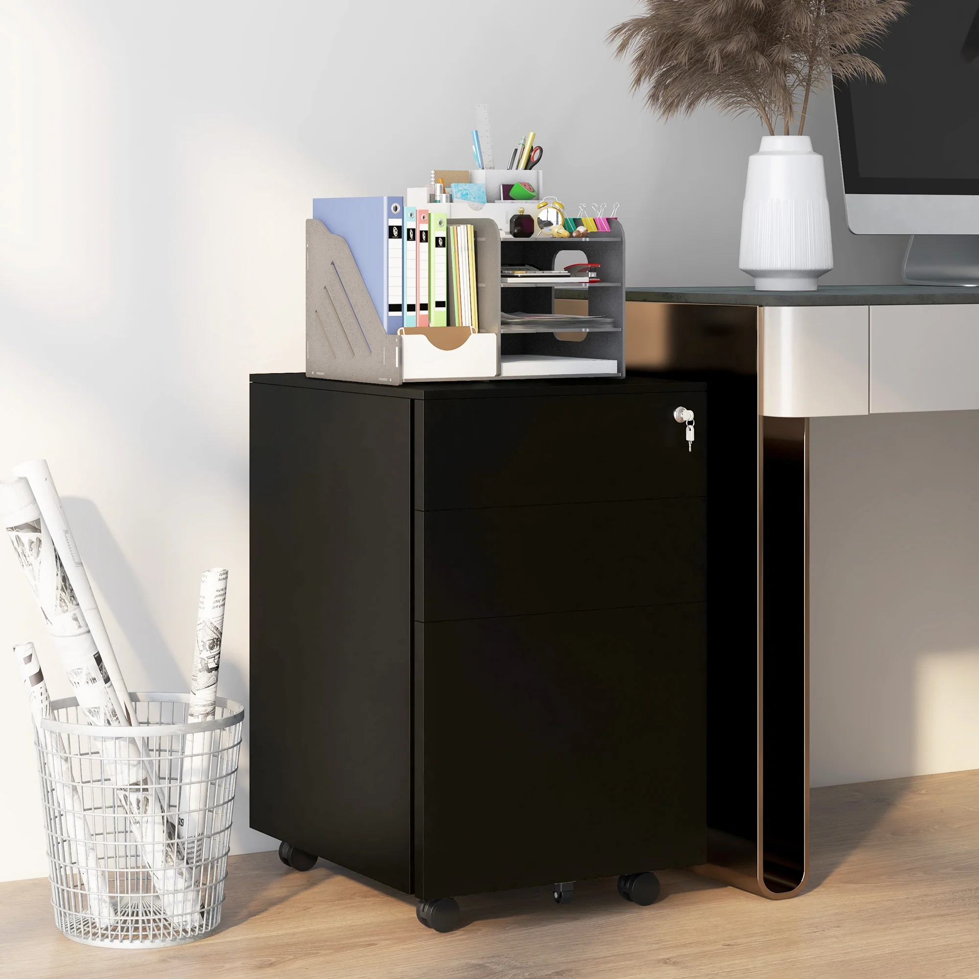 3-Drawer Mobile Filing Cabinet with Pencil Tray, Steel Lockable File Cabinet, Black - Image 3