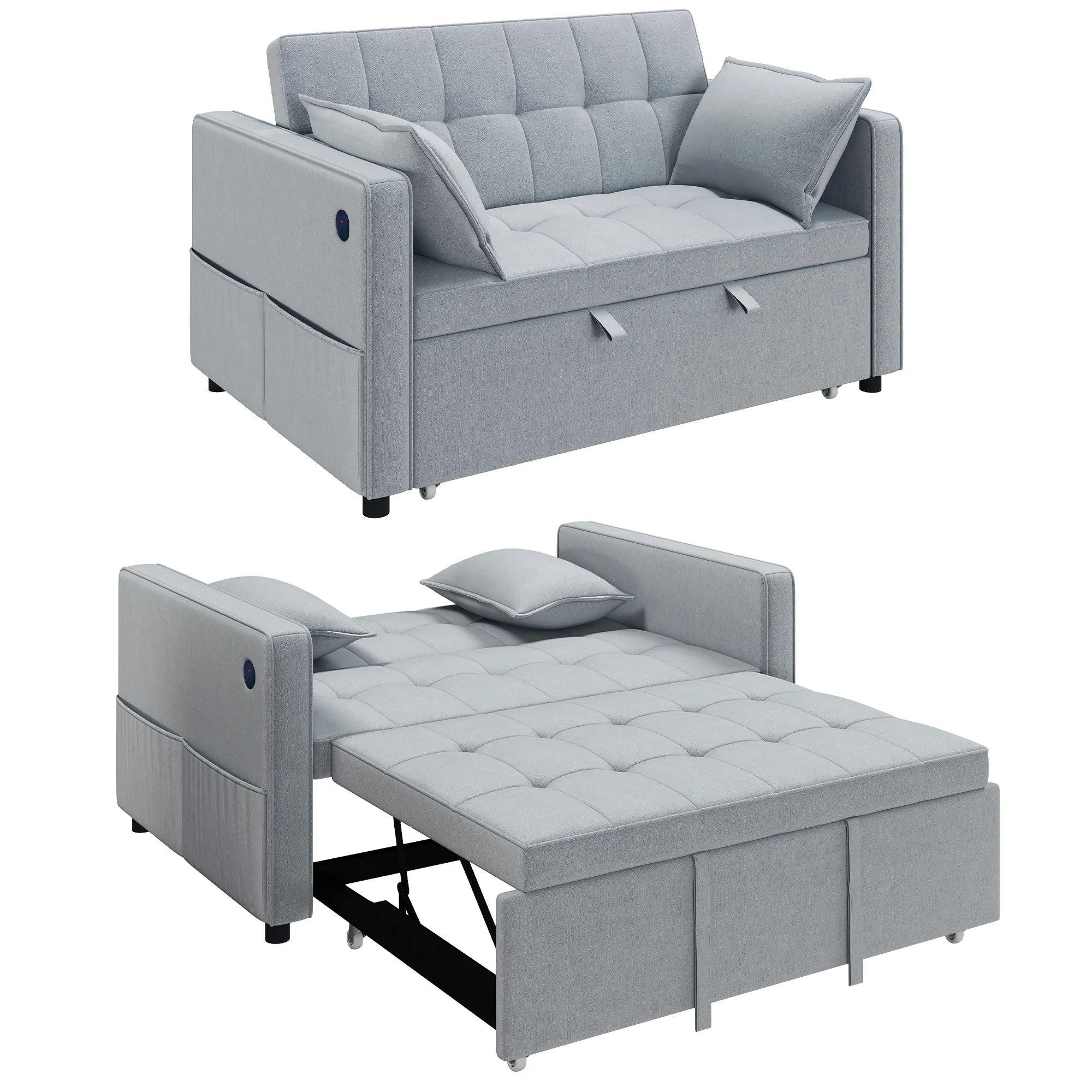 3-in-1 Convertible Sofa Bed, Pull Out Sleeper Sofa with USB Charging, Light Grey
