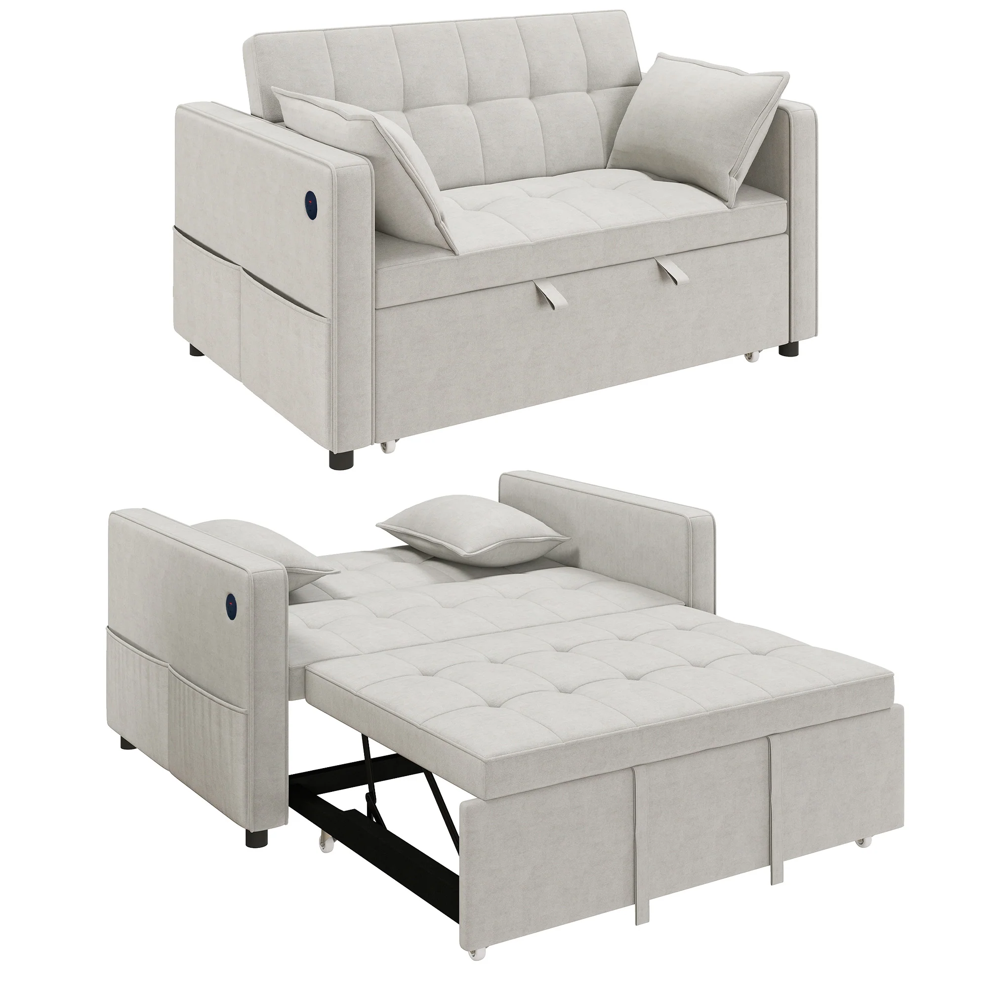 3-in-1 Convertible Sofa Bed, Pull Out Sleeper Sofa with USB Charging, Beige