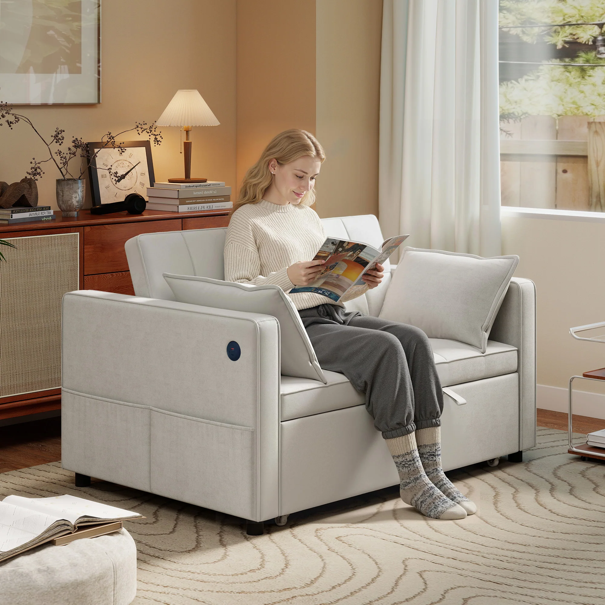 3-in-1 Convertible Sofa Bed, Pull Out Sleeper Sofa with USB Charging, Beige - Image 3