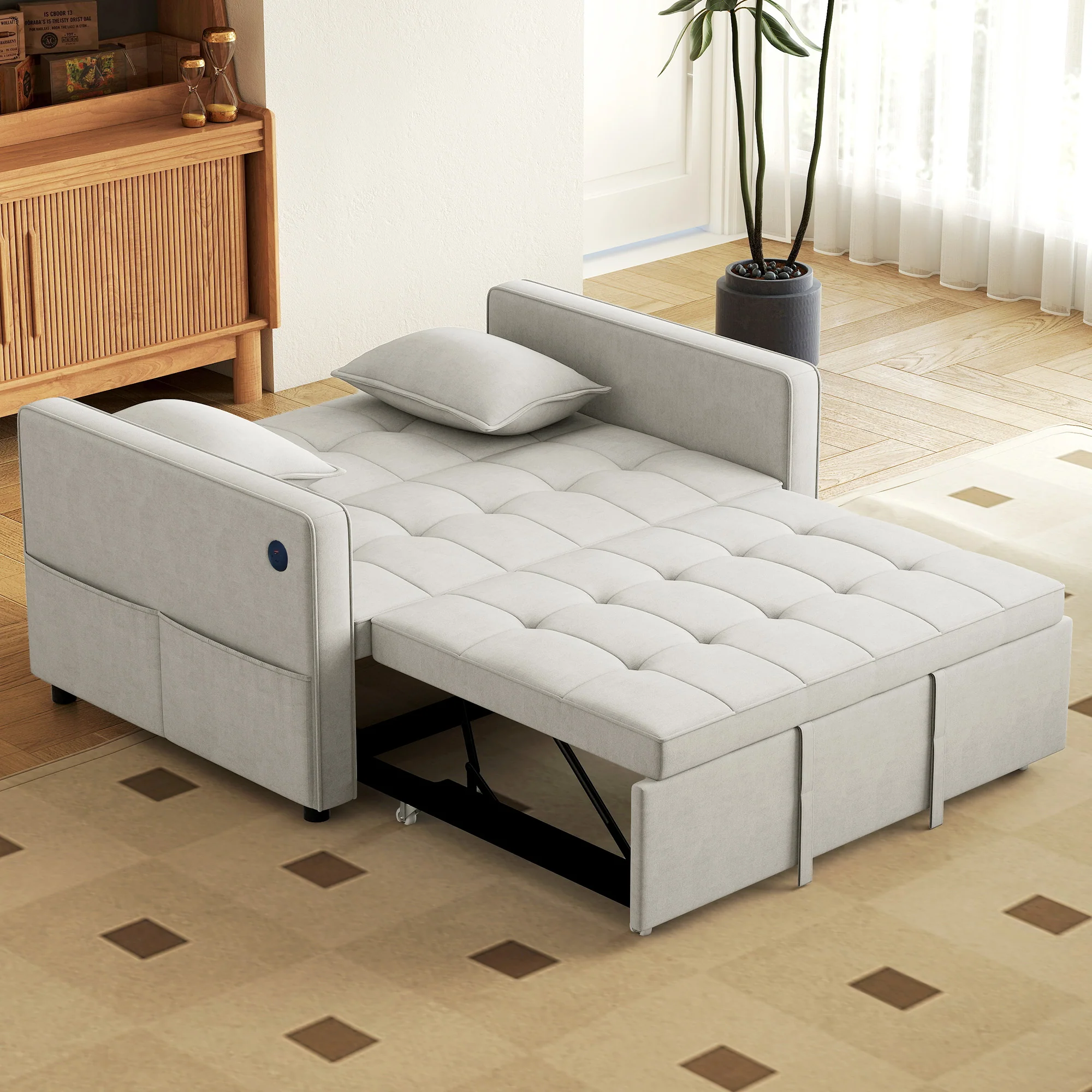 3-in-1 Convertible Sofa Bed, Pull Out Sleeper Sofa with USB Charging, Beige - Image 4