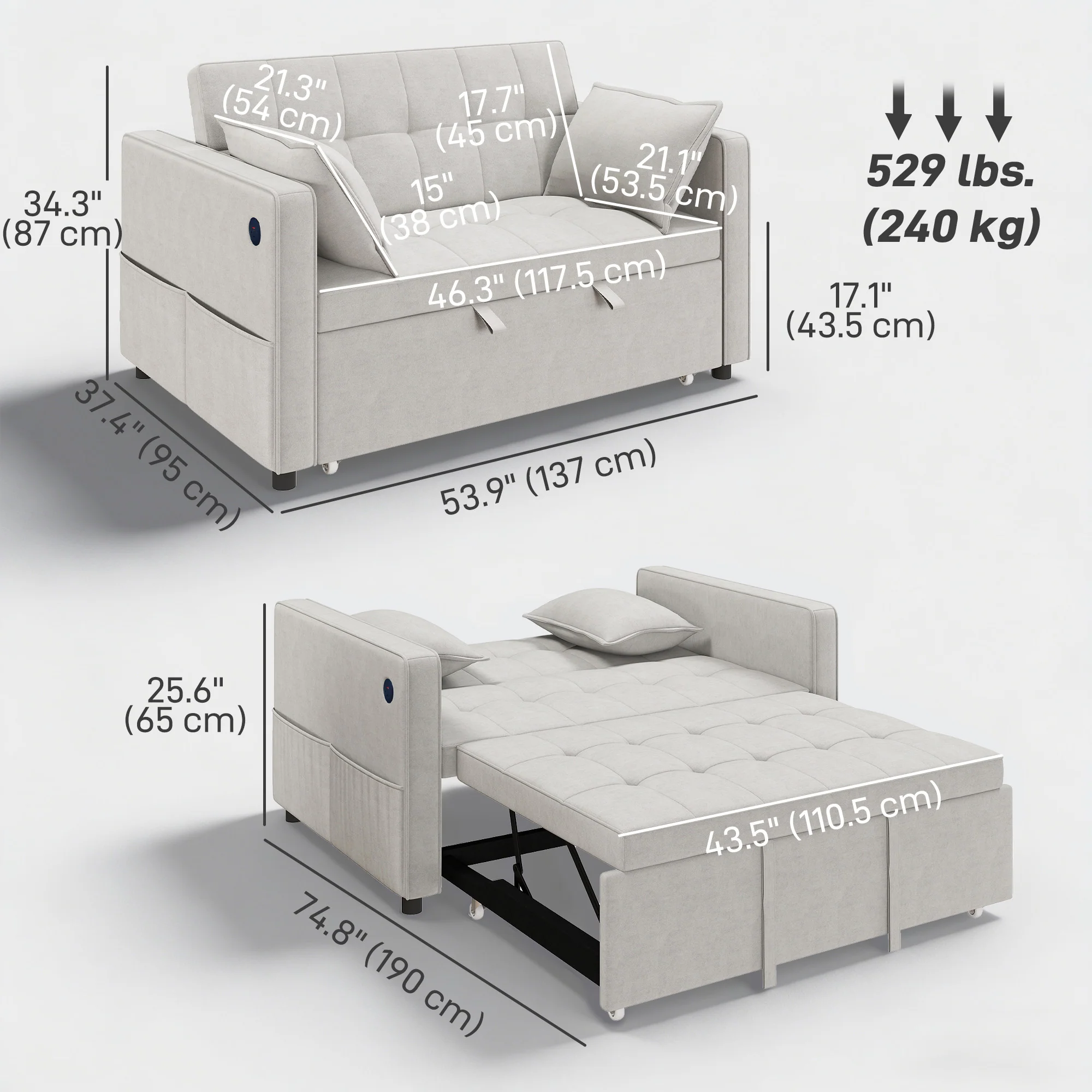3-in-1 Convertible Sofa Bed, Pull Out Sleeper Sofa with USB Charging, Beige - Image 5