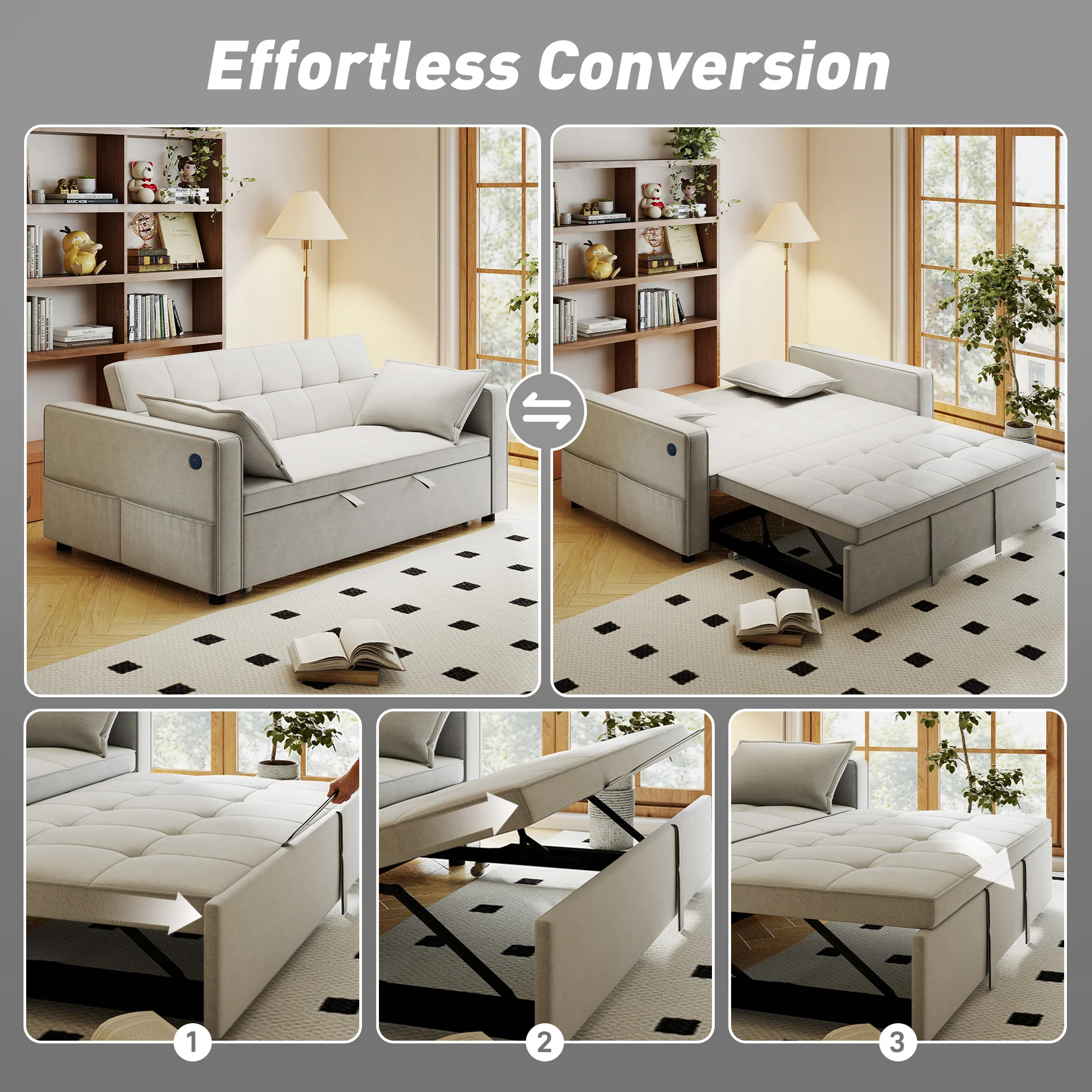 3-in-1 Convertible Sofa Bed, Pull Out Sleeper Sofa with USB Charging, Beige - Image 6