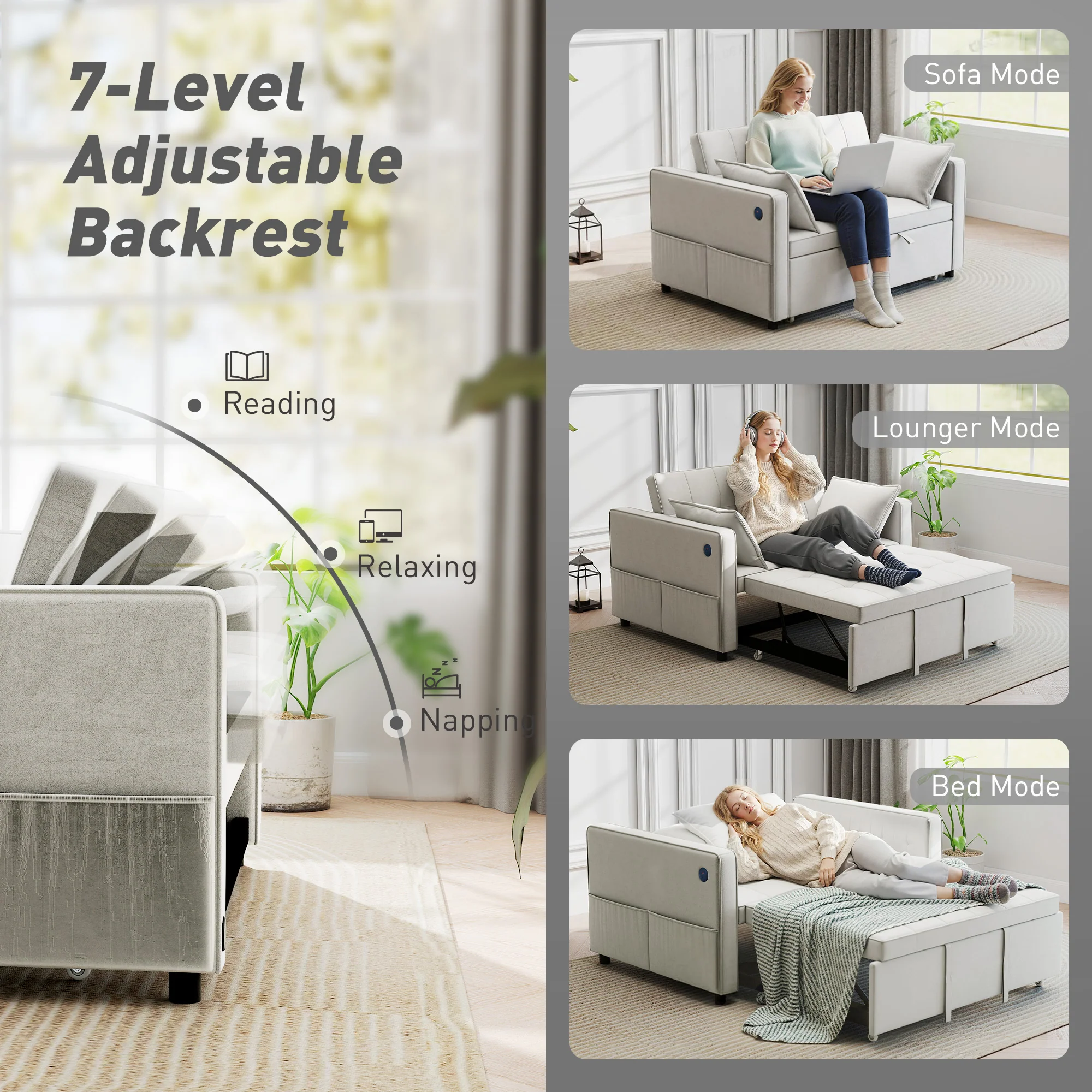 3-in-1 Convertible Sofa Bed, Pull Out Sleeper Sofa with USB Charging, Beige - Image 7