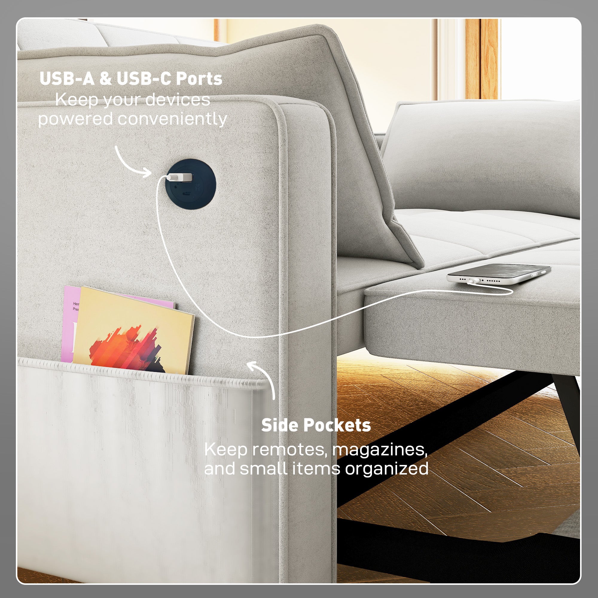 3-in-1 Convertible Sofa Bed, Pull Out Sleeper Sofa with USB Charging, Beige - Image 9