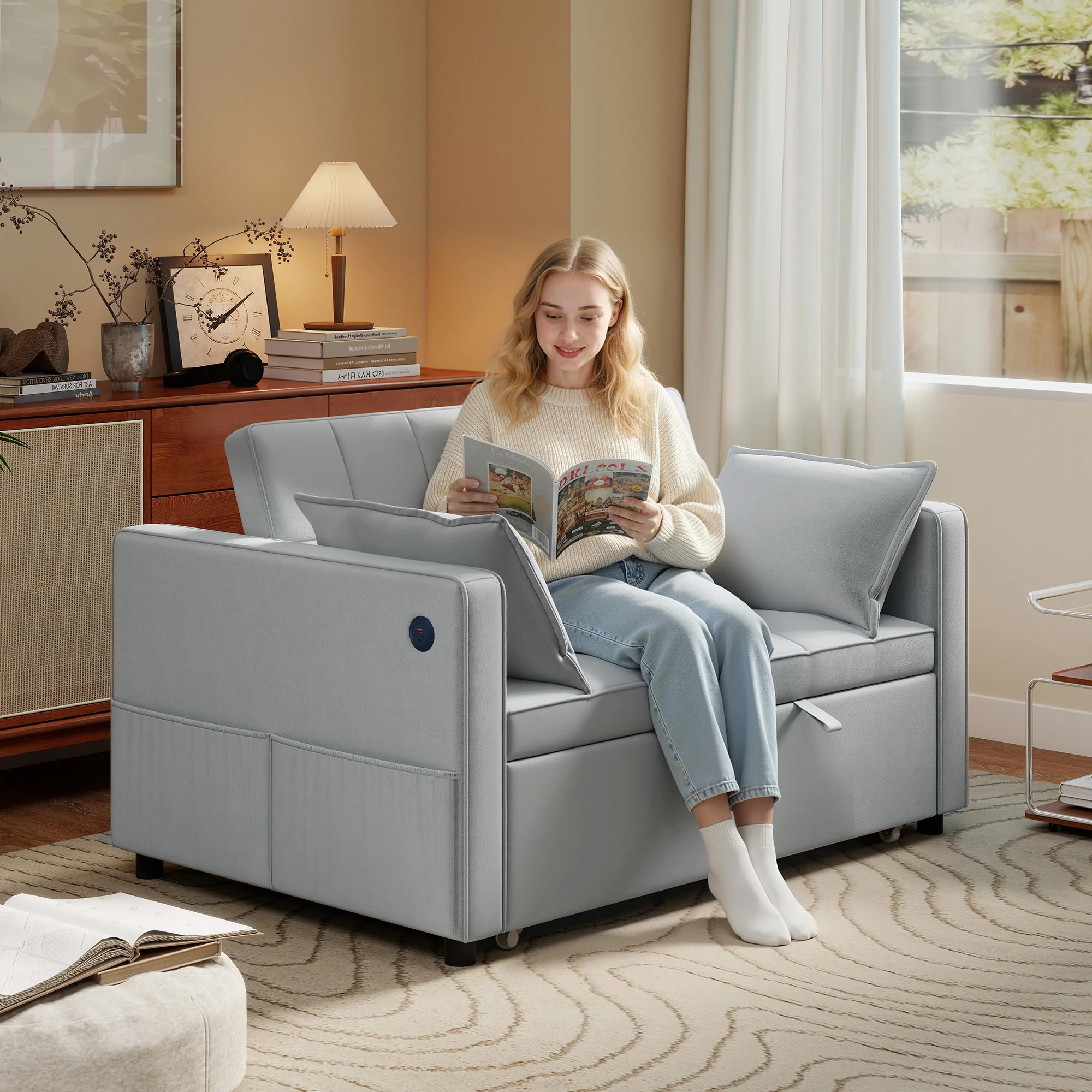 3-in-1 Convertible Sofa Bed, Pull Out Sleeper Sofa with USB Charging, Light Grey - Image 3