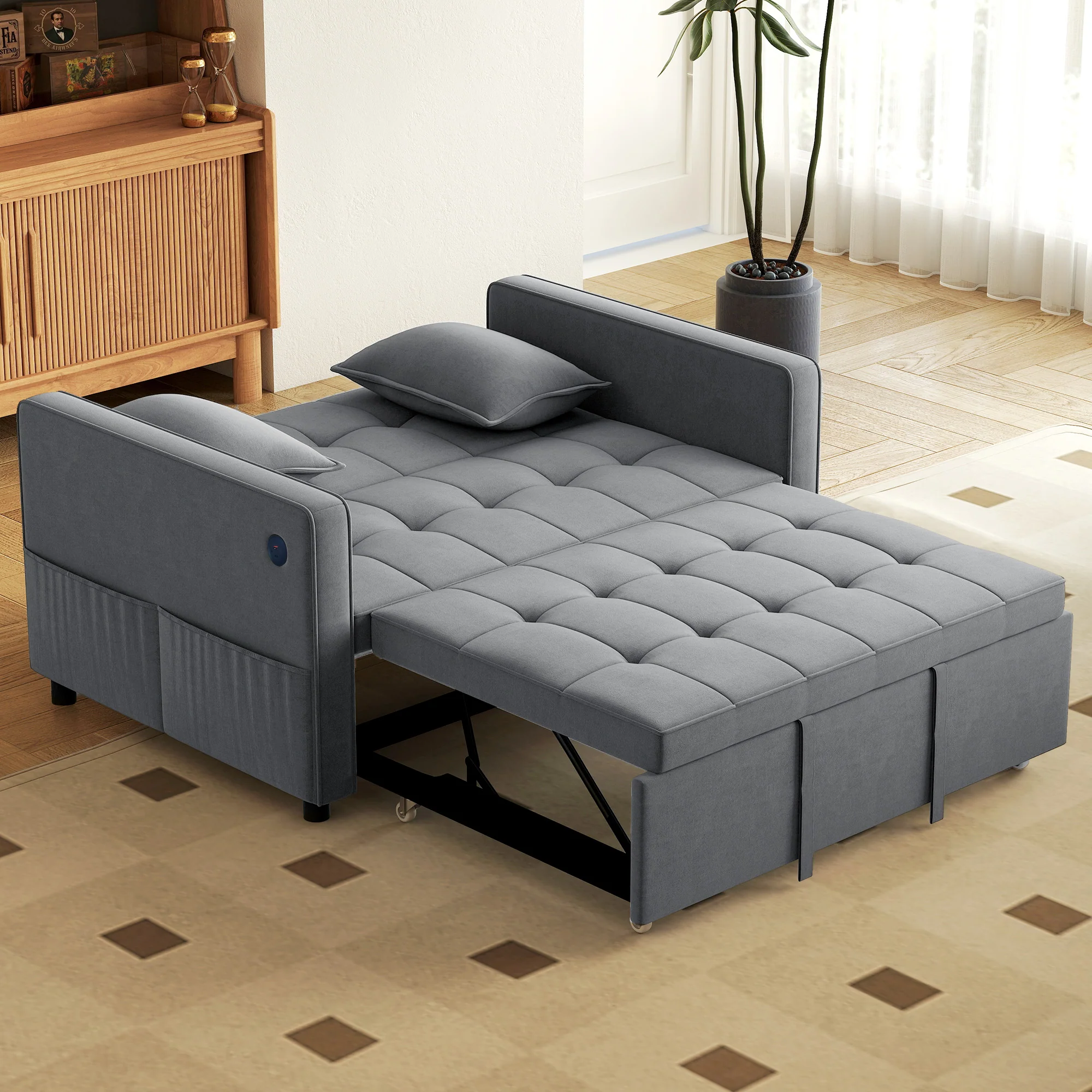 3-in-1 Convertible Sofa Bed, Pull Out Sleeper Sofa with USB Charging, Adjustable Backrest, Side Pockets, Sleeper Couch for Living Room, Small Space, Apartment, Dark Grey - Image 4