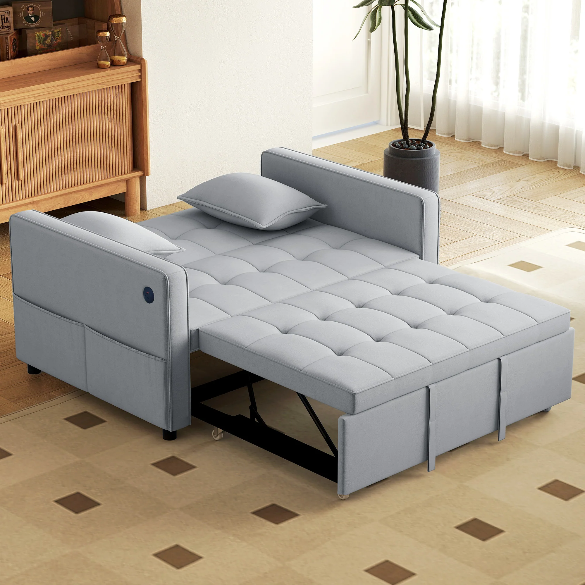 3-in-1 Convertible Sofa Bed, Pull Out Sleeper Sofa with USB Charging, Light Grey - Image 4