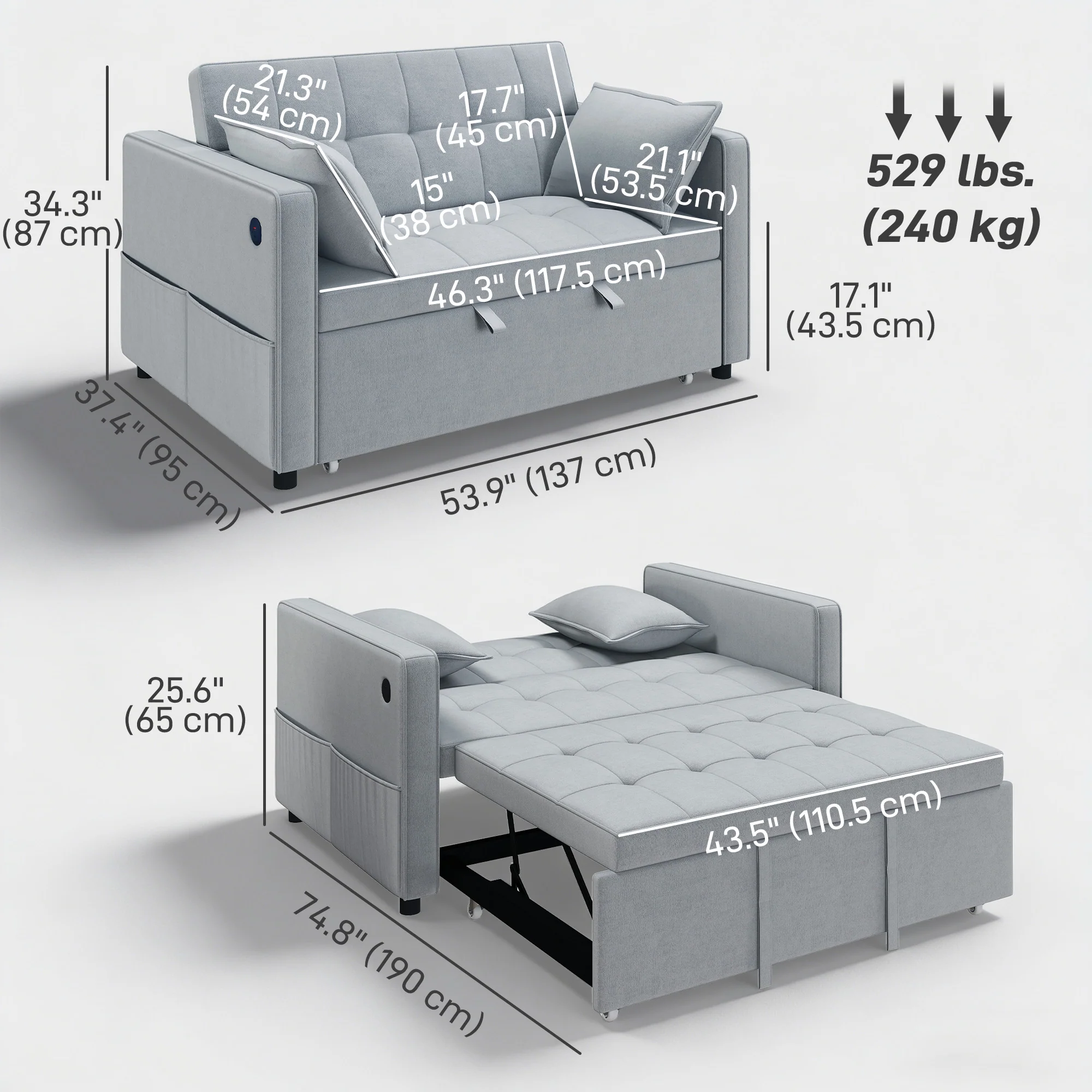 3-in-1 Convertible Sofa Bed, Pull Out Sleeper Sofa with USB Charging, Light Grey - Image 5