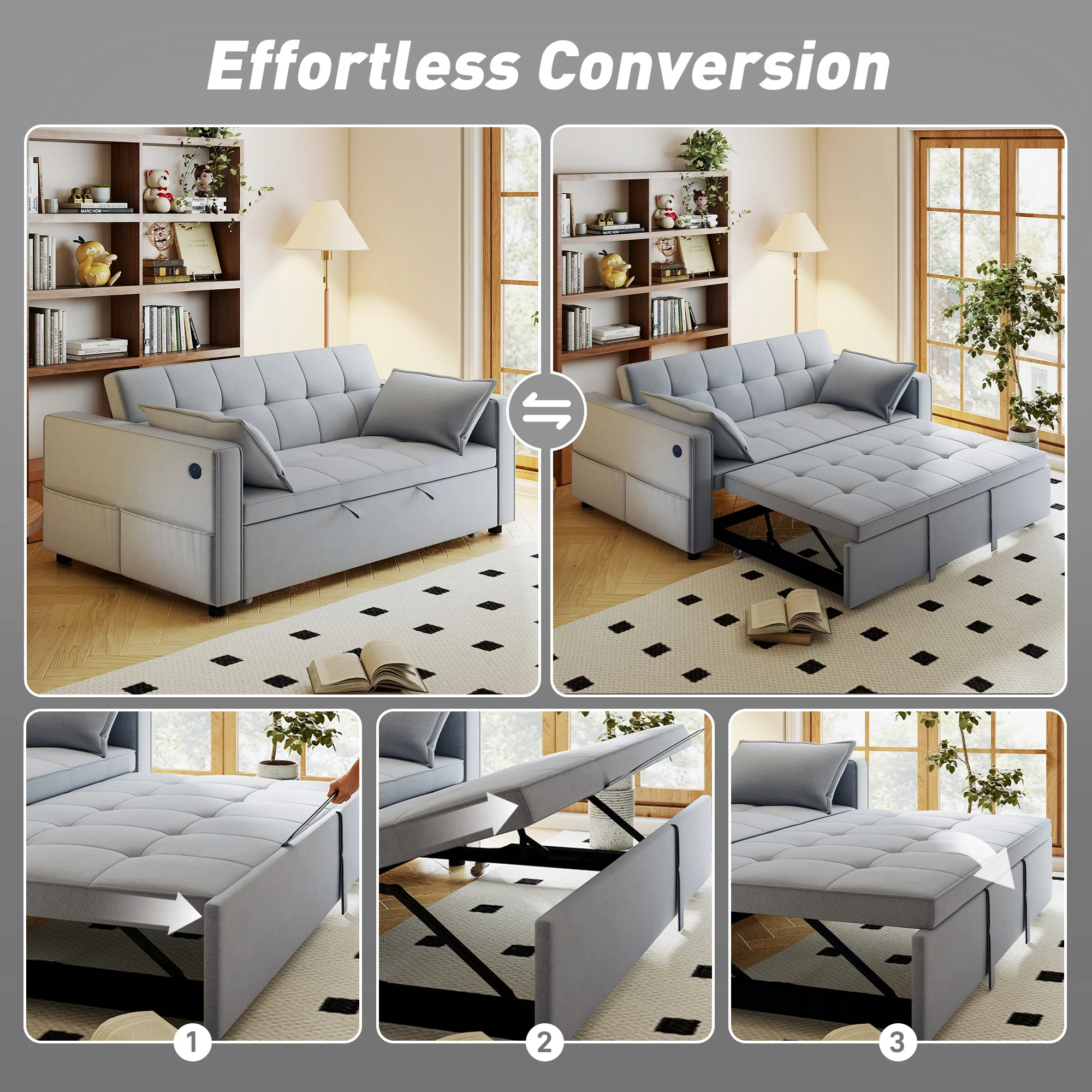 3-in-1 Convertible Sofa Bed, Pull Out Sleeper Sofa with USB Charging, Light Grey - Image 6