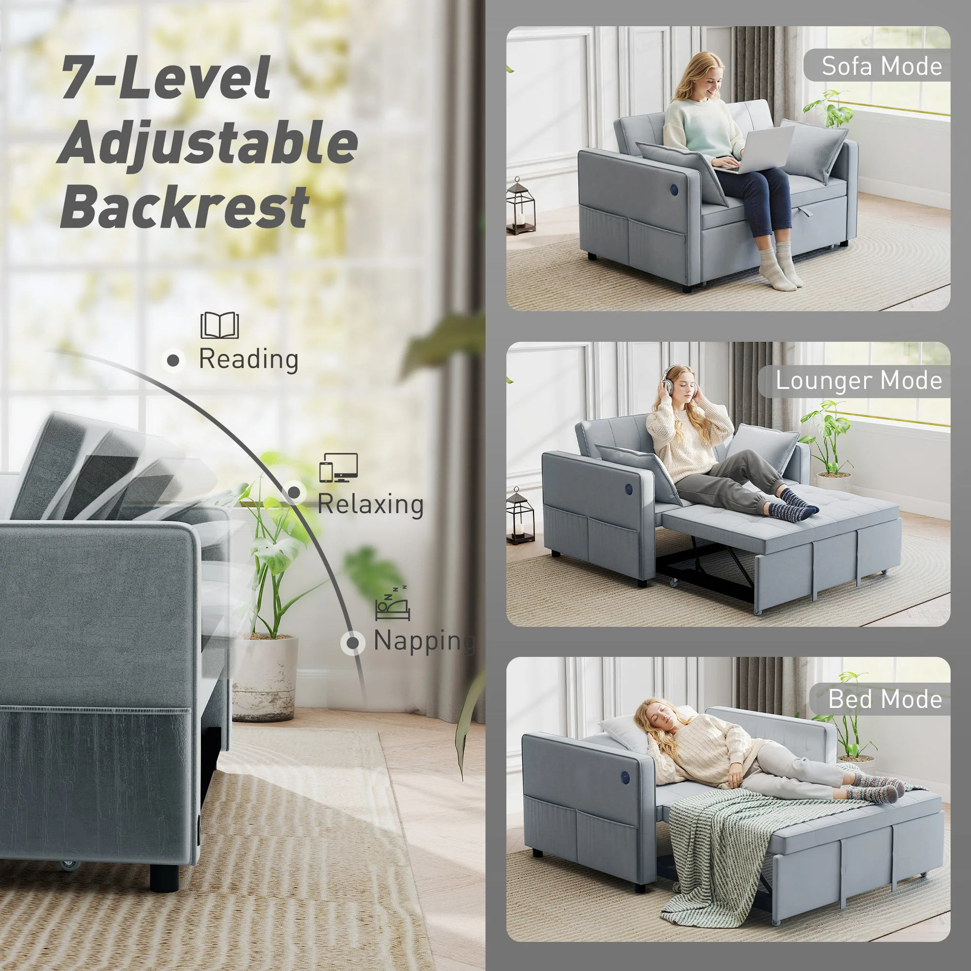 3-in-1 Convertible Sofa Bed, Pull Out Sleeper Sofa with USB Charging, Light Grey - Image 7