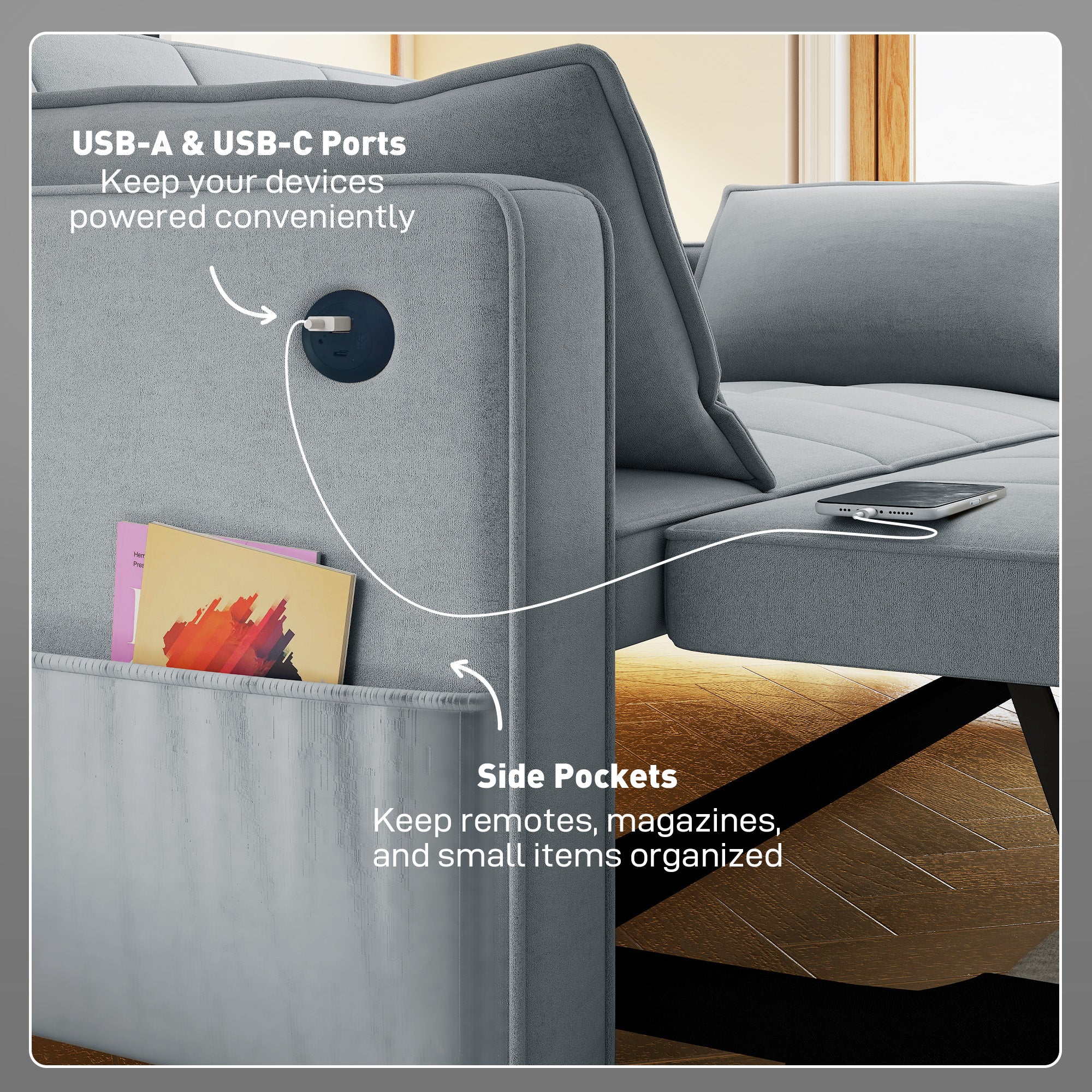 3-in-1 Convertible Sofa Bed, Pull Out Sleeper Sofa with USB Charging, Light Grey - Image 9
