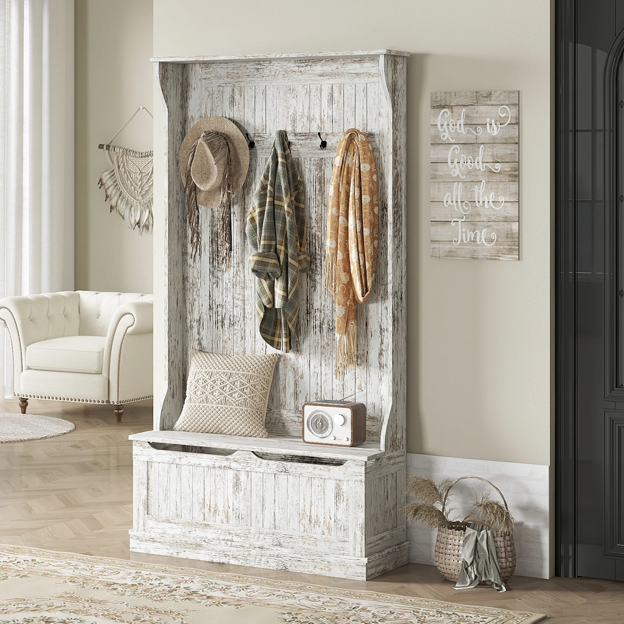 3 In 1 Entryway Bench with Coat Rack Hall Tree with Bench and Shoe Storage 5 Hooks White - Image 4