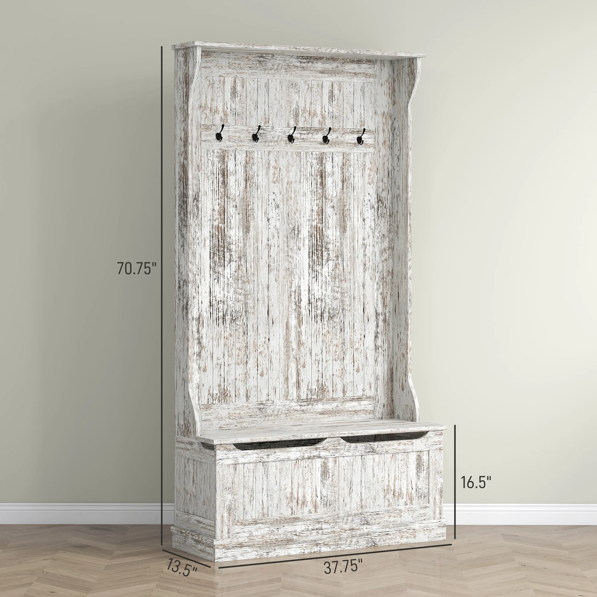 3 In 1 Entryway Bench with Coat Rack Hall Tree with Bench and Shoe Storage 5 Hooks White - Image 5