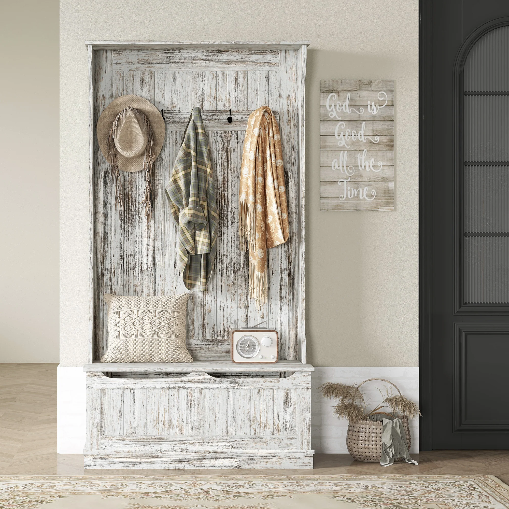 3 In 1 Entryway Bench with Coat Rack Hall Tree with Bench and Shoe Storage 5 Hooks White - Image 9