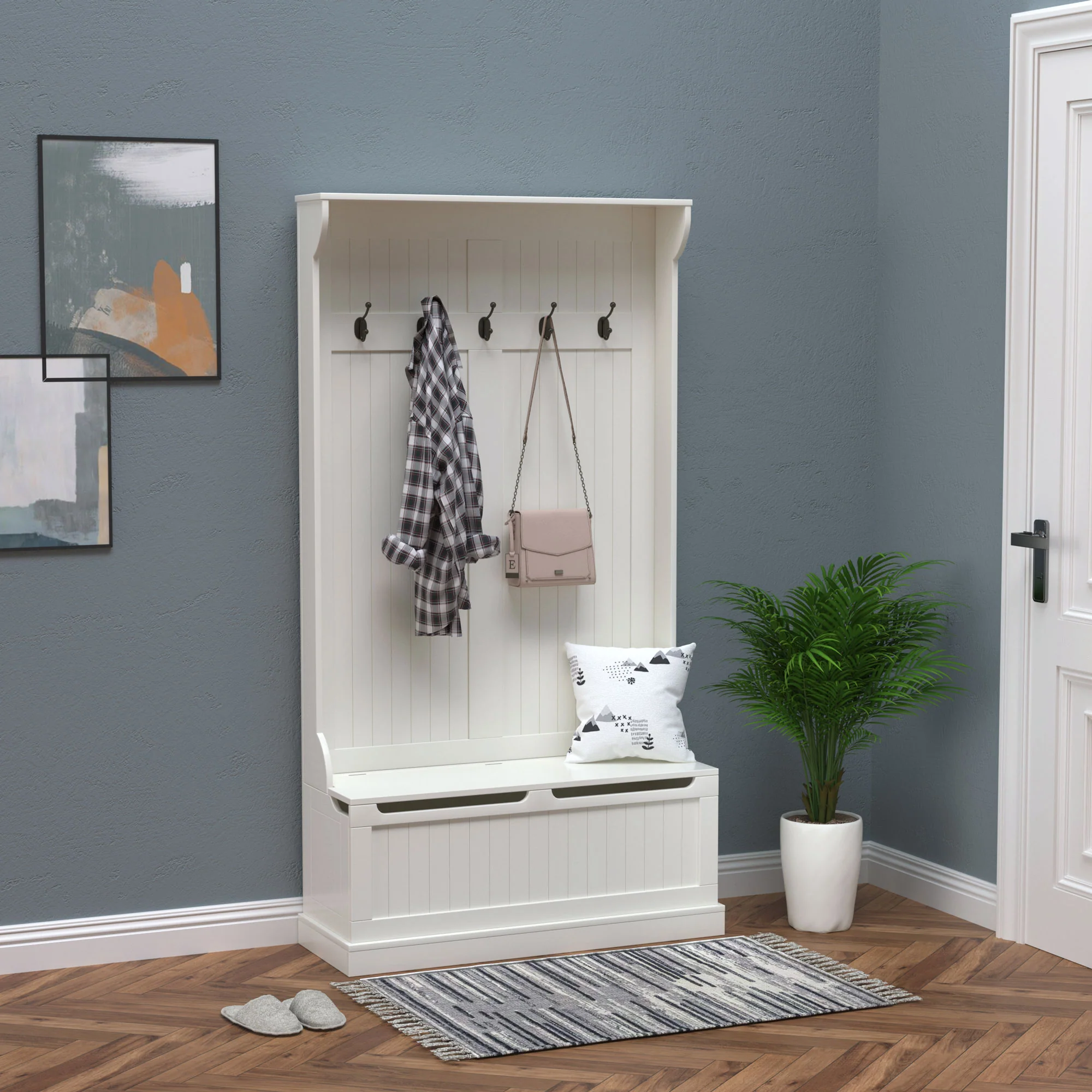 3-in-1 Entryway Bench, Coat Rack, Hall Tree, Shoe Storage & 5 Hooks, Cream White - Image 3