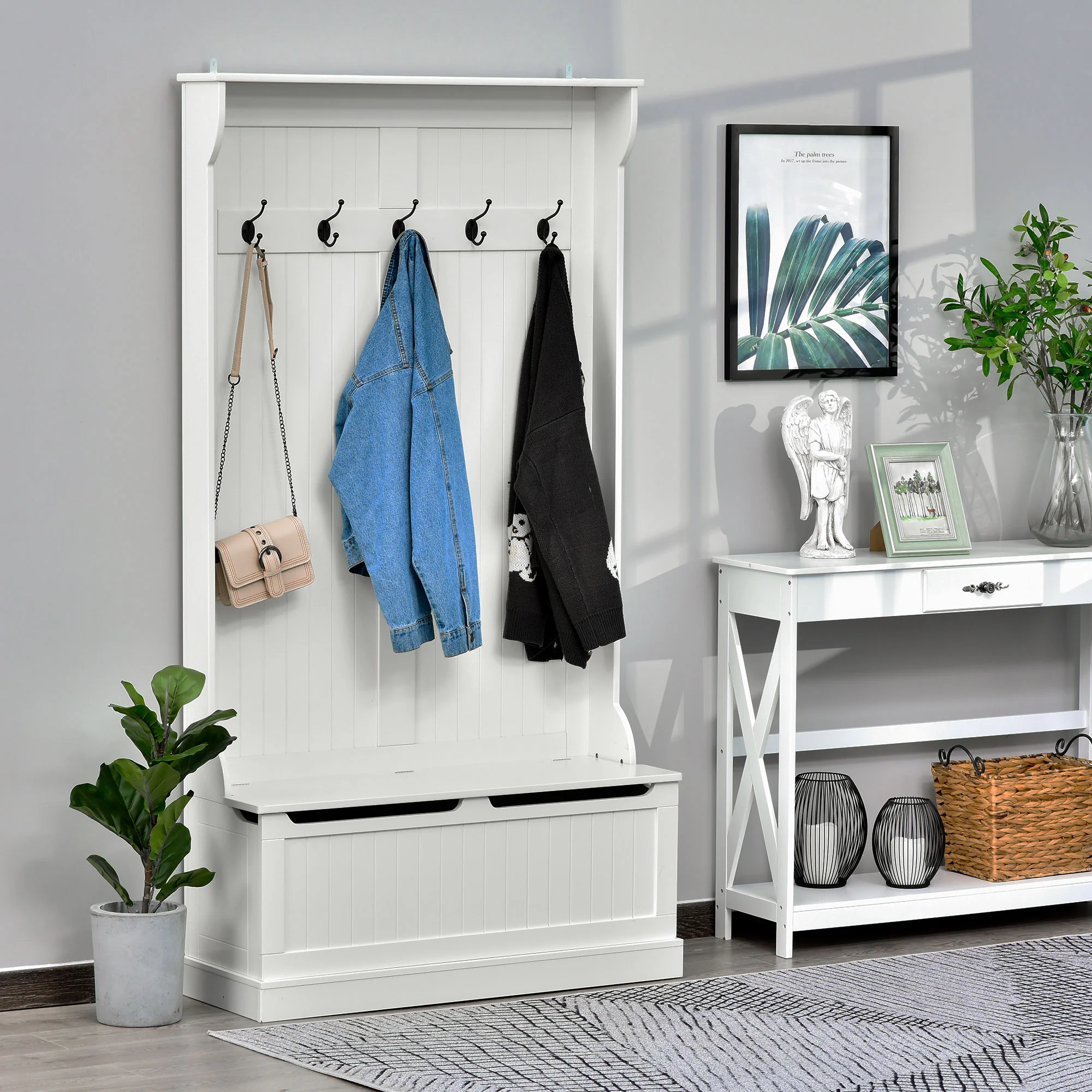 3-in-1 Entryway Bench, Coat Rack, Hall Tree, Shoe Storage & 5 Hooks, Cream White - Image 9