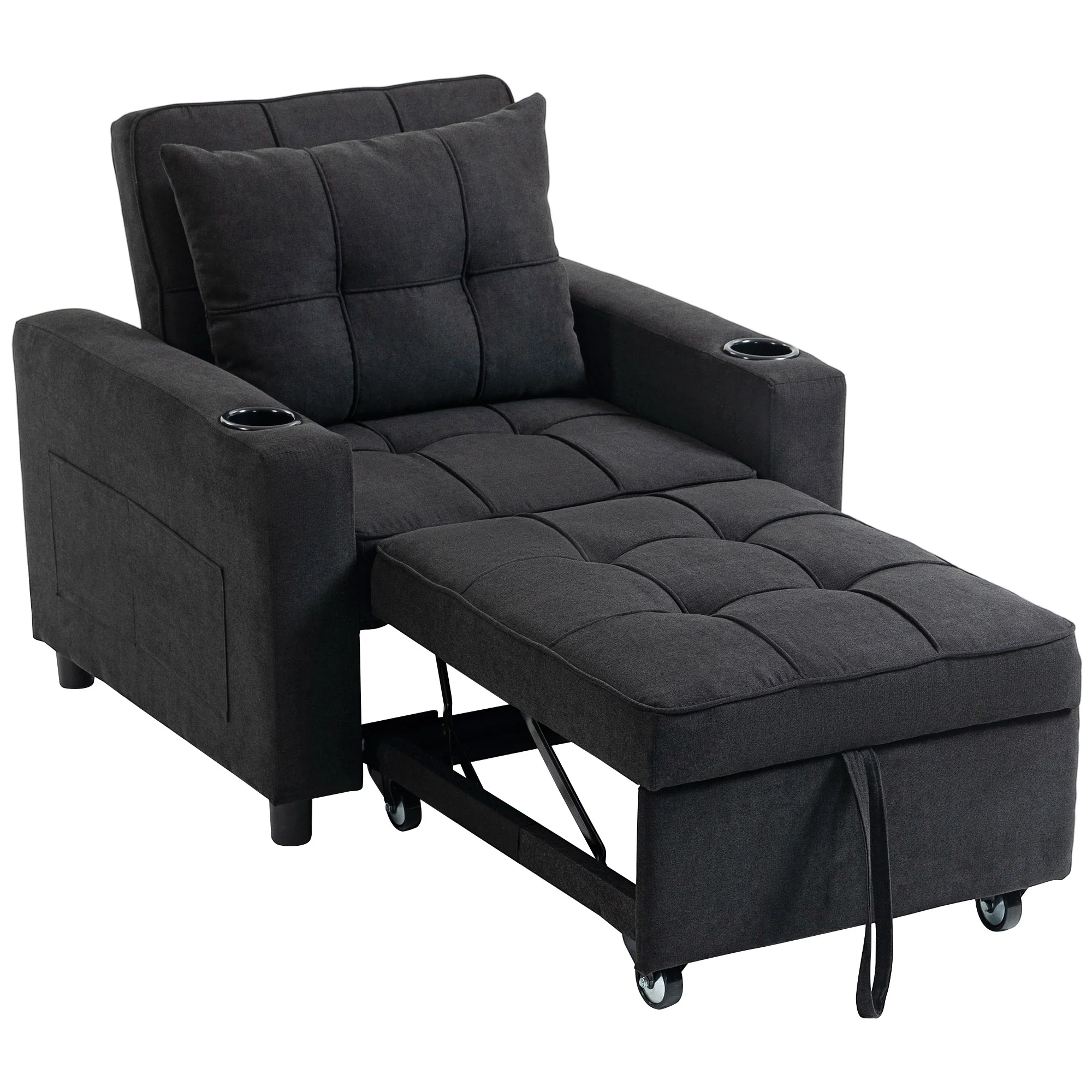 3-in-1 Reclining Sofa Bed Chair with CupHolders & Side Pockets, Black - Image 2
