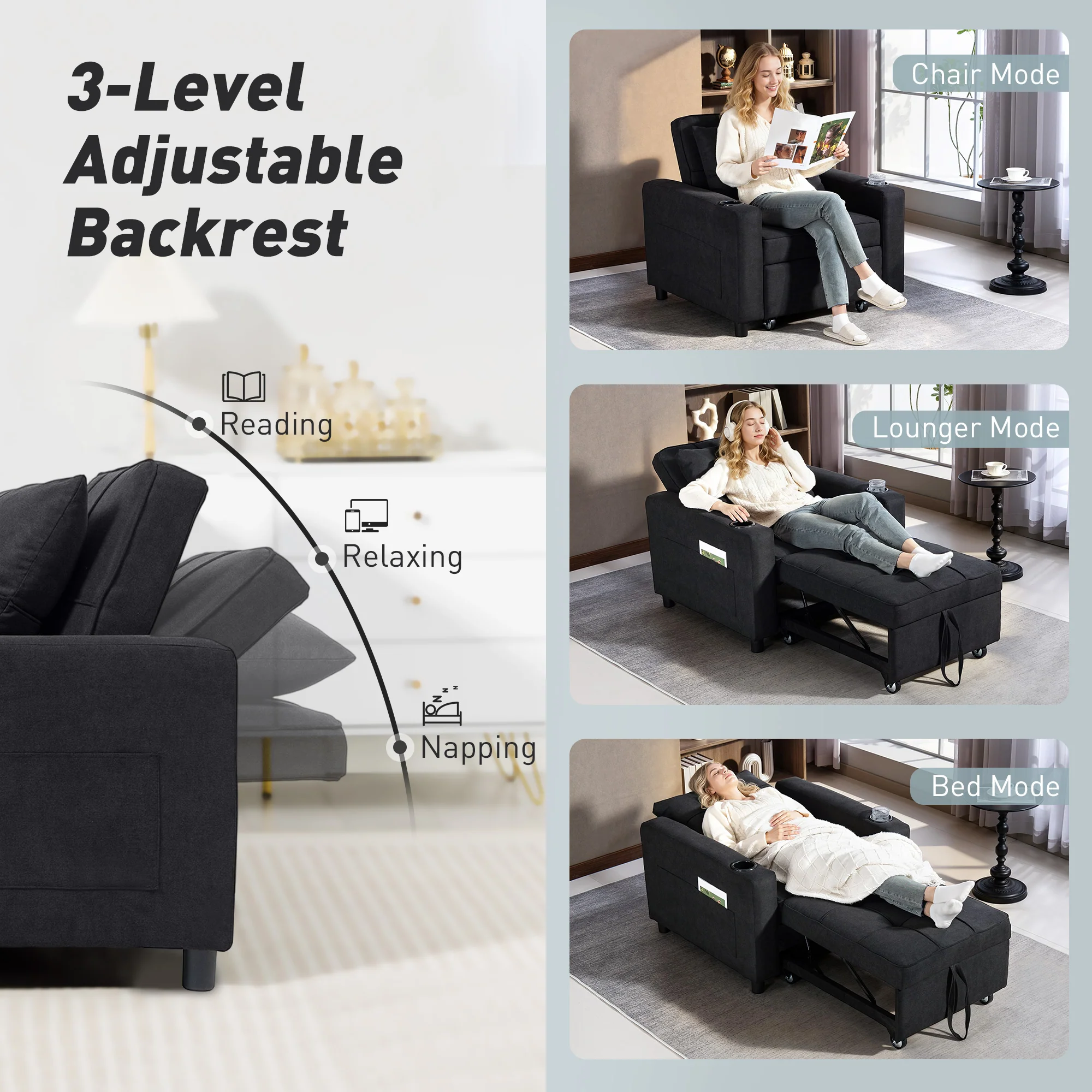 3-in-1 Reclining Sofa Bed Chair with CupHolders & Side Pockets, Black - Image 6