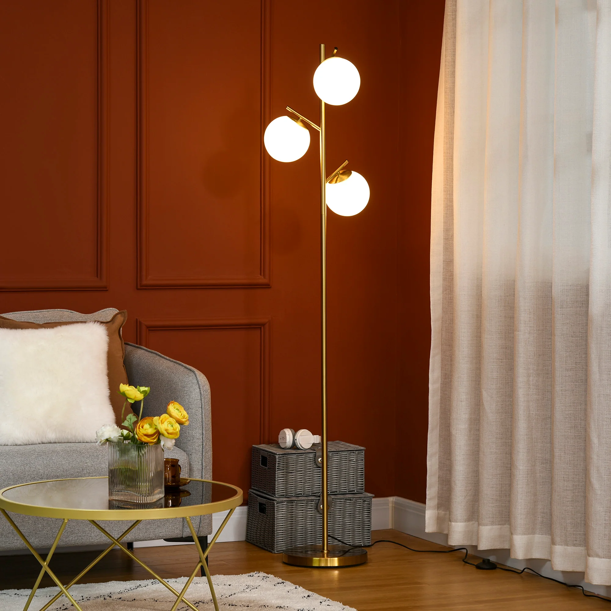 3-Light Tree Floor Lamps for Living Room with Globe Lampshade & Steel Base, Gold Tone - Image 4
