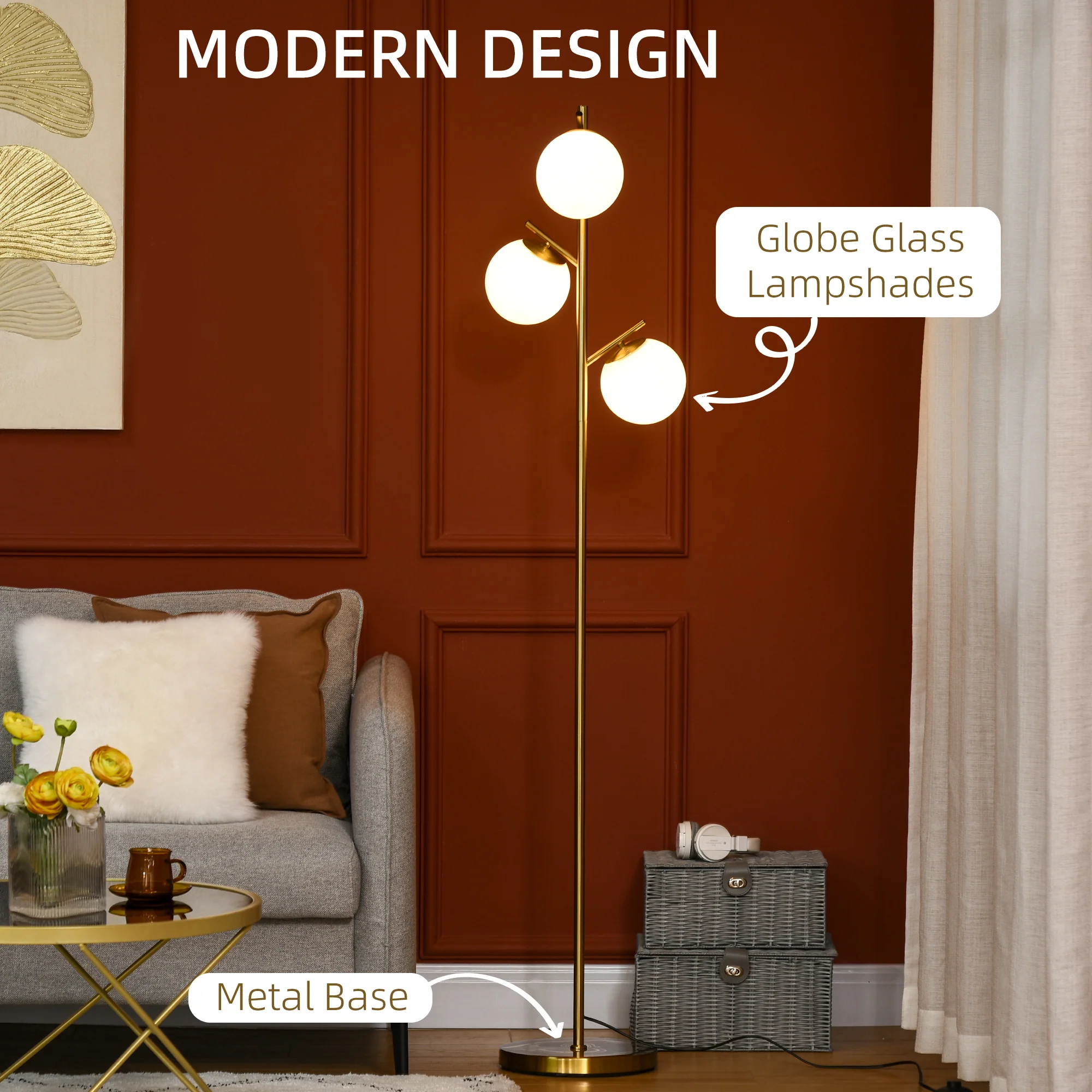 3-Light Tree Floor Lamps for Living Room with Globe Lampshade & Steel Base, Gold Tone - Image 6