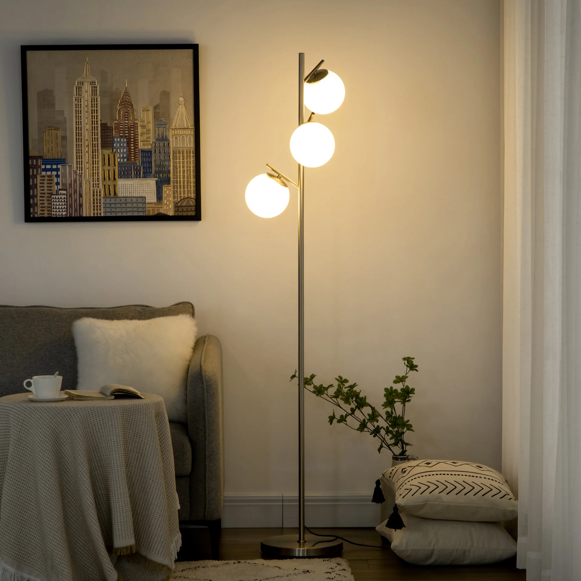 3-Light Tree Floor Lamps for Living Room with Globe Lampshade & Steel Base, Silver - Image 3