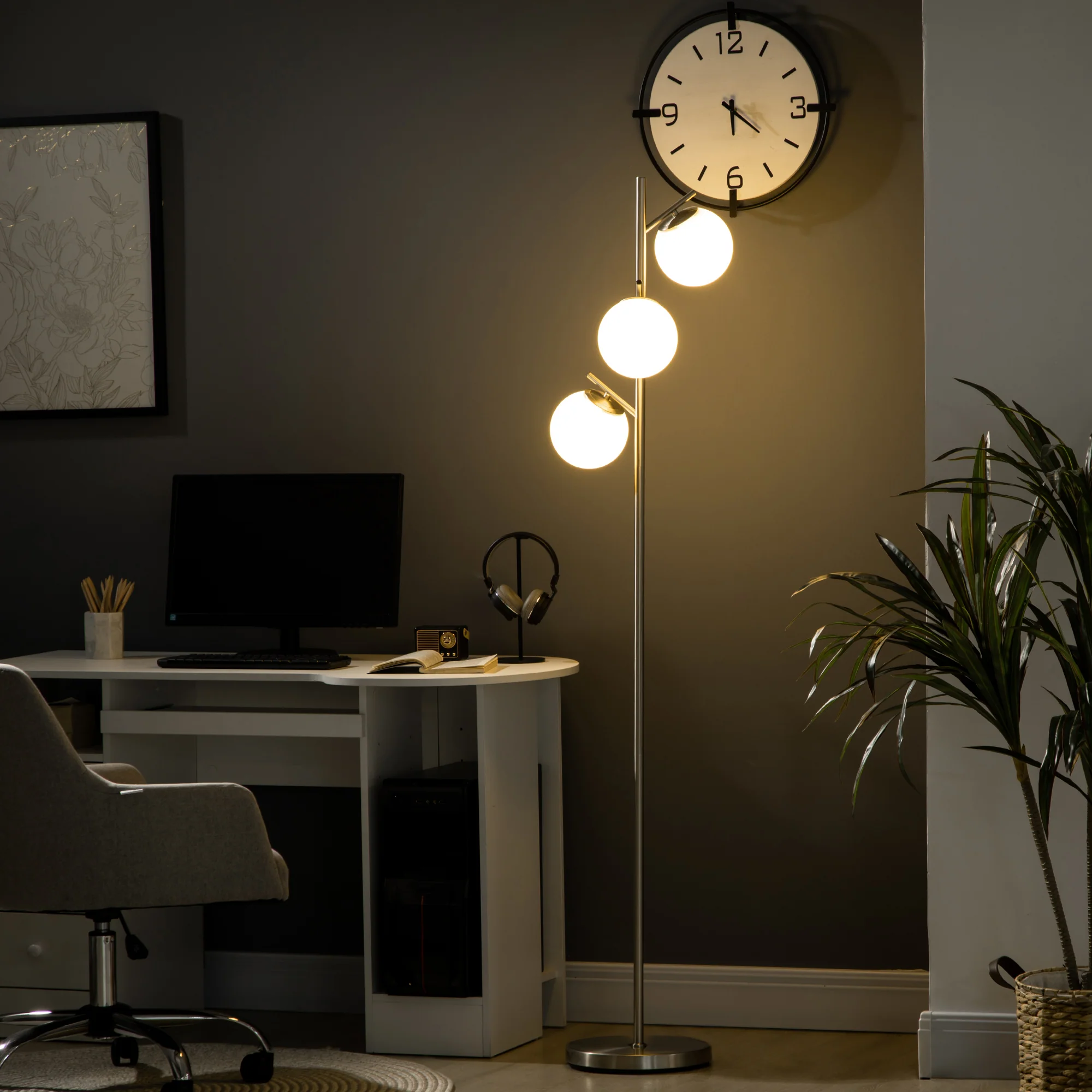 3-Light Tree Floor Lamps for Living Room with Globe Lampshade & Steel Base, Silver - Image 4