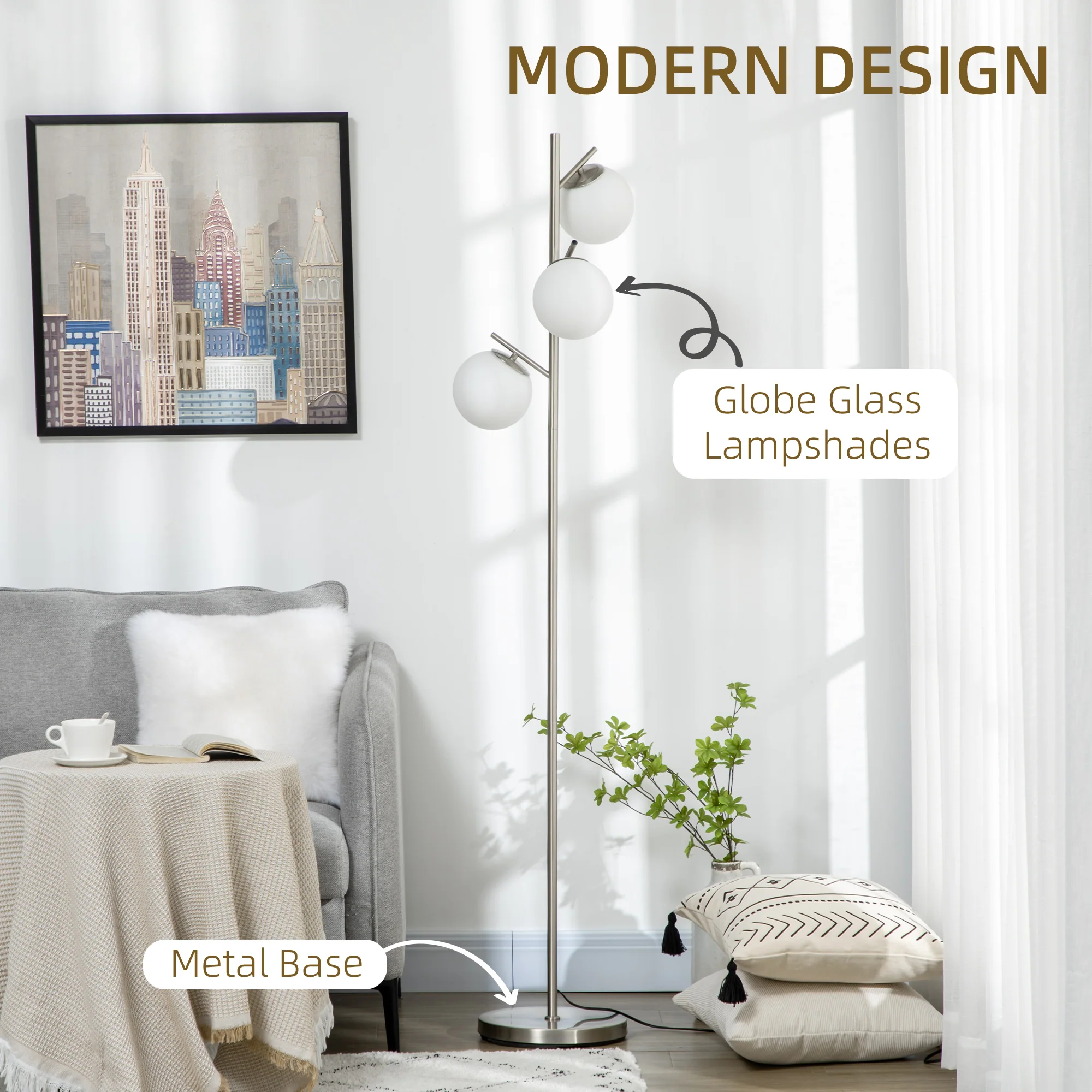 3-Light Tree Floor Lamps for Living Room with Globe Lampshade & Steel Base, Silver - Image 6