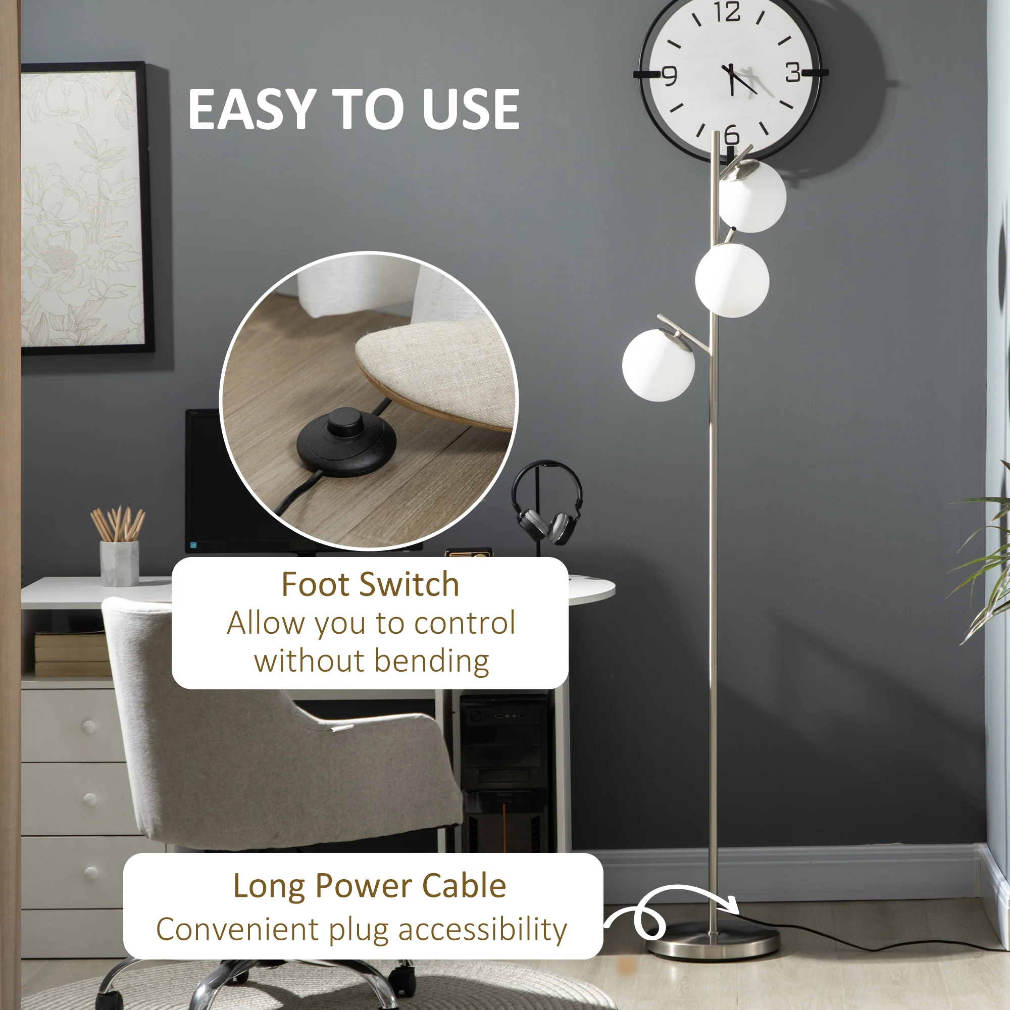 3-Light Tree Floor Lamps for Living Room with Globe Lampshade & Steel Base, Silver - Image 7