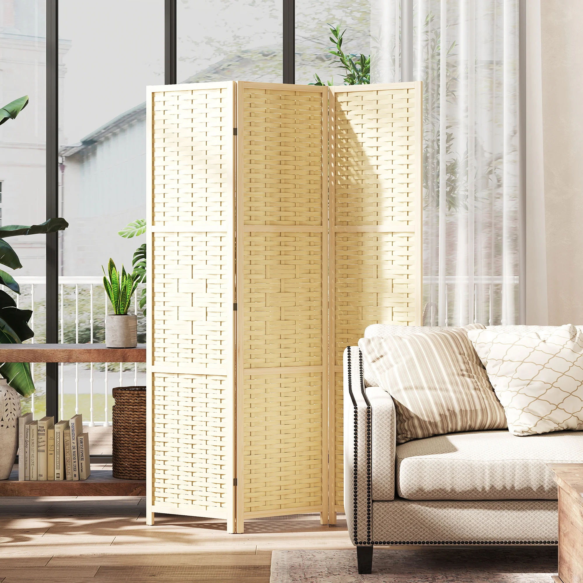 3-Panel Room Divider, 5.6 FT Bamboo Wave Freestanding Folding Privacy Screen, Partition Wall Divider for Indoor, Bedroom, Office, Natural Wood - Image 3