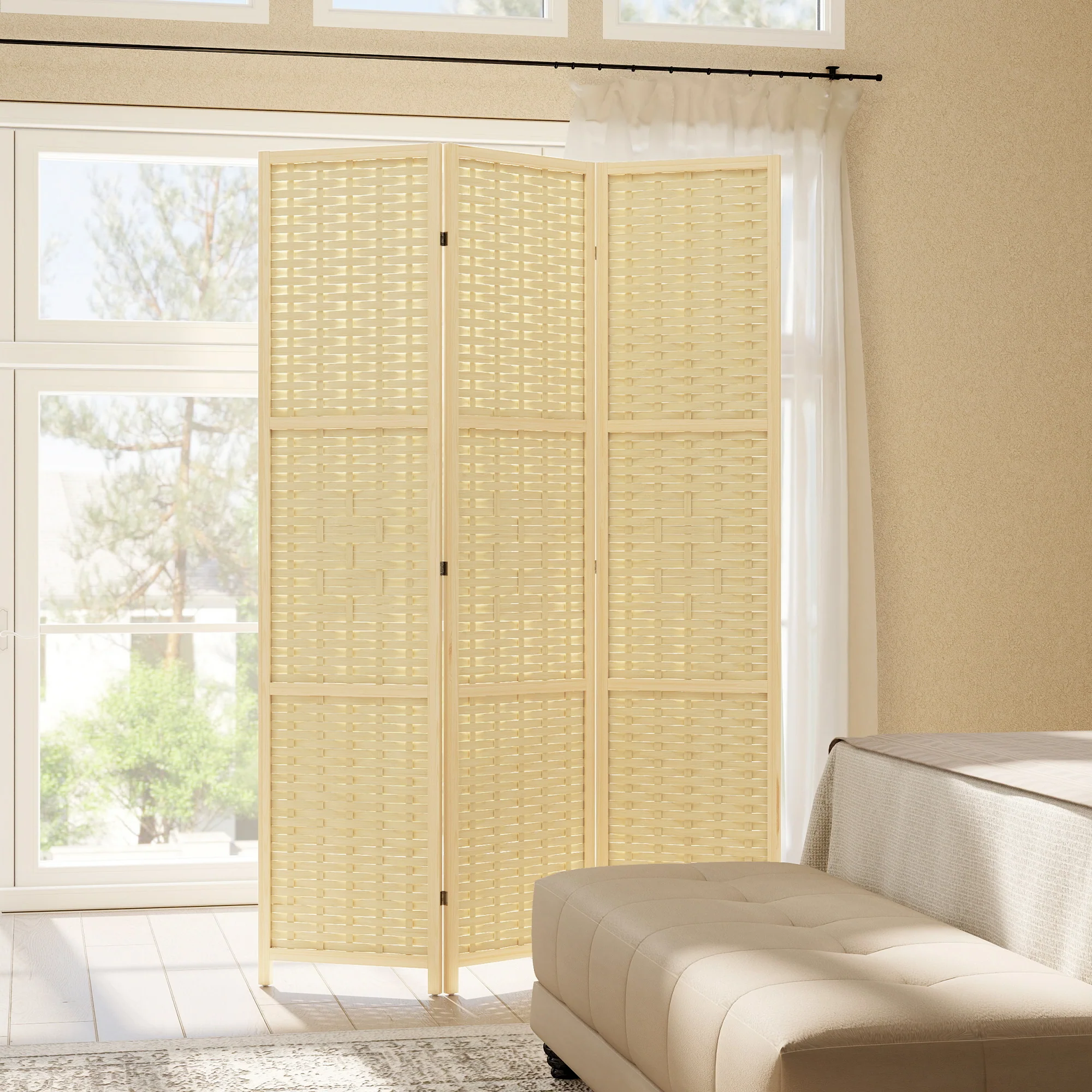 3-Panel Room Divider, 5.6 FT Bamboo Wave Freestanding Folding Privacy Screen, Partition Wall Divider for Indoor, Bedroom, Office, Natural Wood - Image 4