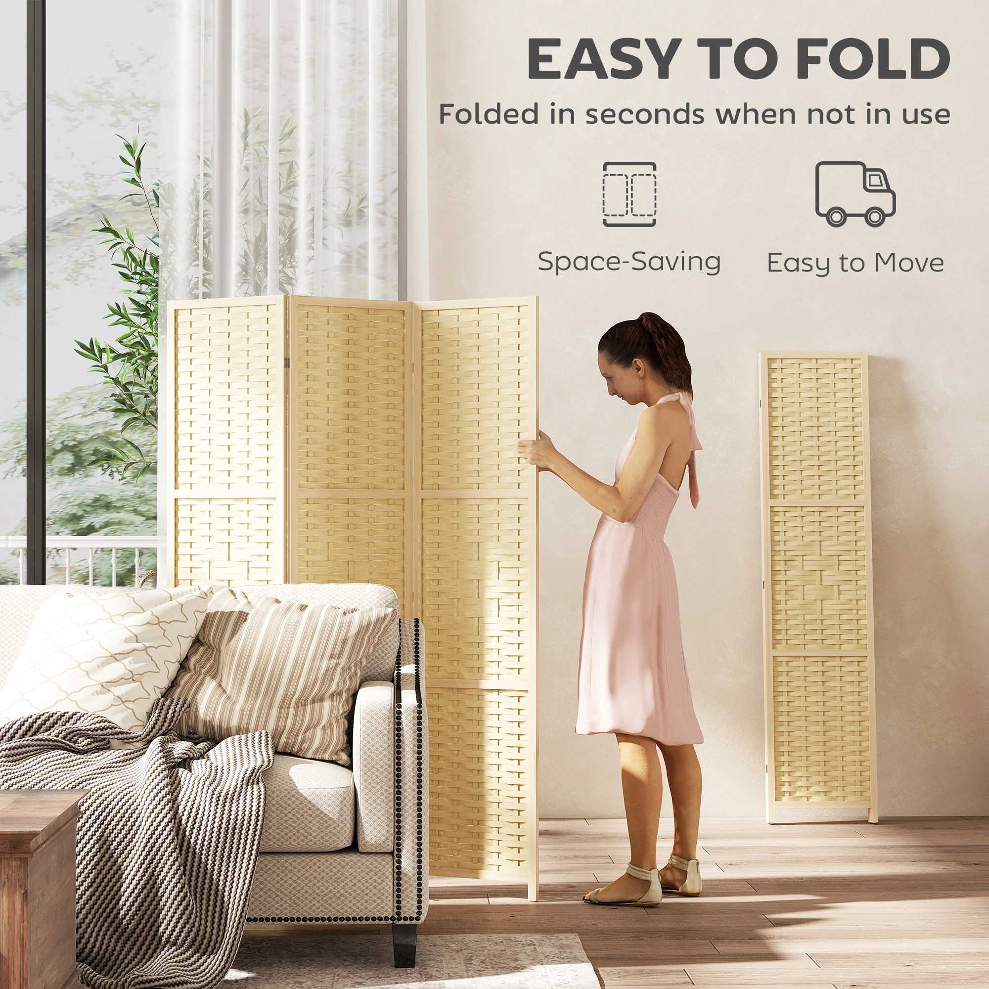 3-Panel Room Divider, 5.6 FT Bamboo Wave Freestanding Folding Privacy Screen, Partition Wall Divider for Indoor, Bedroom, Office, Natural Wood - Image 6