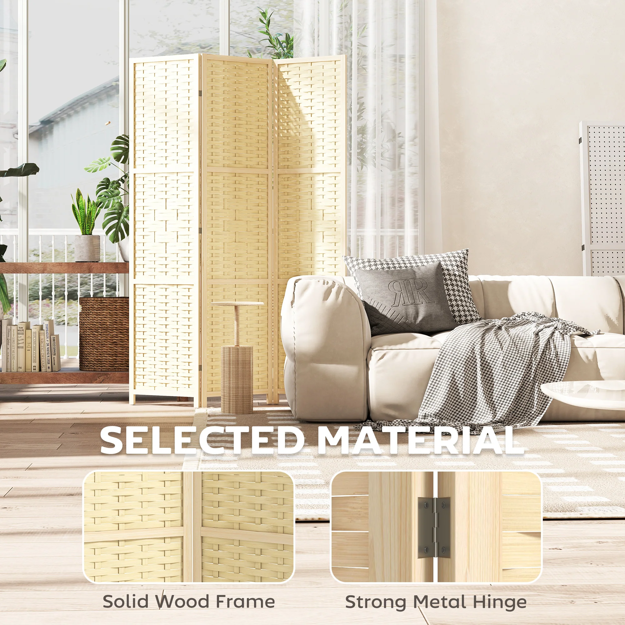 3-Panel Room Divider, 5.6 FT Bamboo Wave Freestanding Folding Privacy Screen, Partition Wall Divider for Indoor, Bedroom, Office, Natural Wood - Image 7
