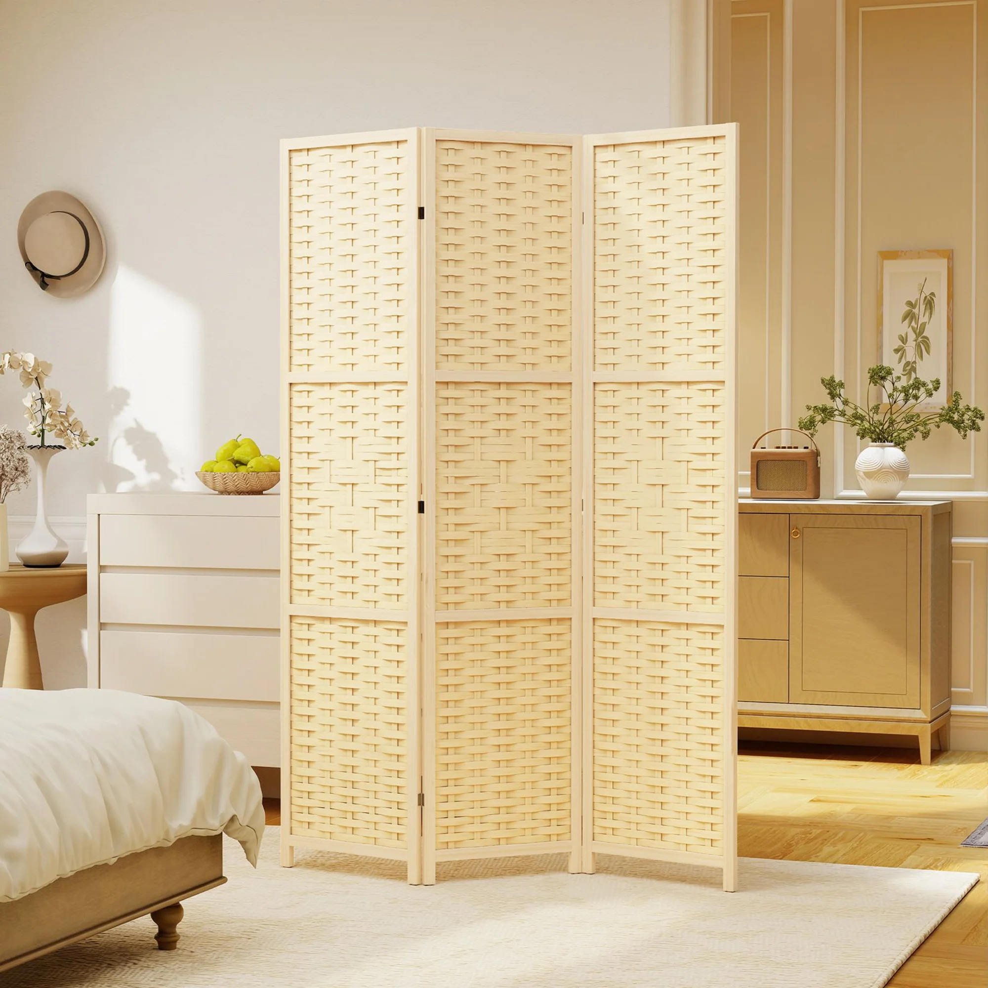 3-Panel Room Divider, 5.6 FT Bamboo Wave Freestanding Folding Privacy Screen, Partition Wall Divider for Indoor, Bedroom, Office, Natural Wood - Image 9