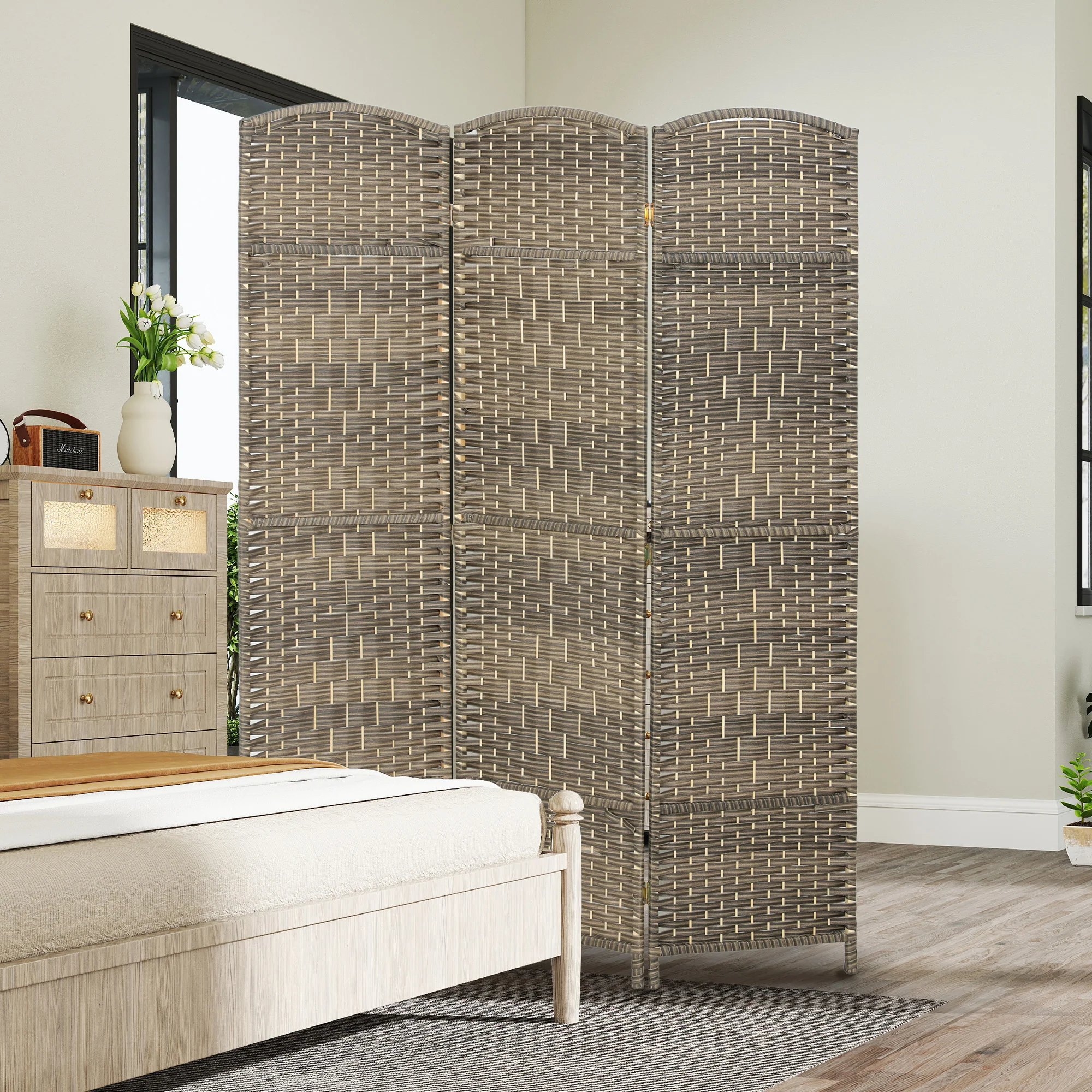 3 Panel Room Divider, 6' Tall Folding Privacy Screen, Hand-Woven Freestanding Wall Partition for Home Office, Bedroom, Dark Rustic Oak - Image 10