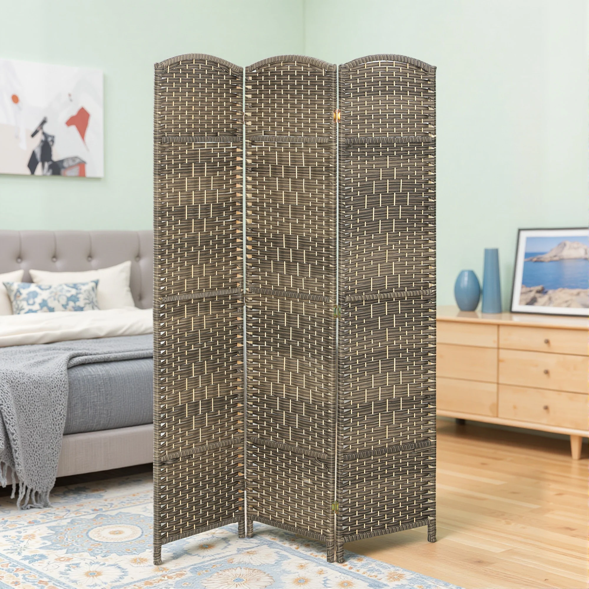 3 Panel Room Divider, 6' Tall Folding Privacy Screen, Hand-Woven Freestanding Wall Partition for Home Office, Bedroom, Dark Rustic Oak - Image 3