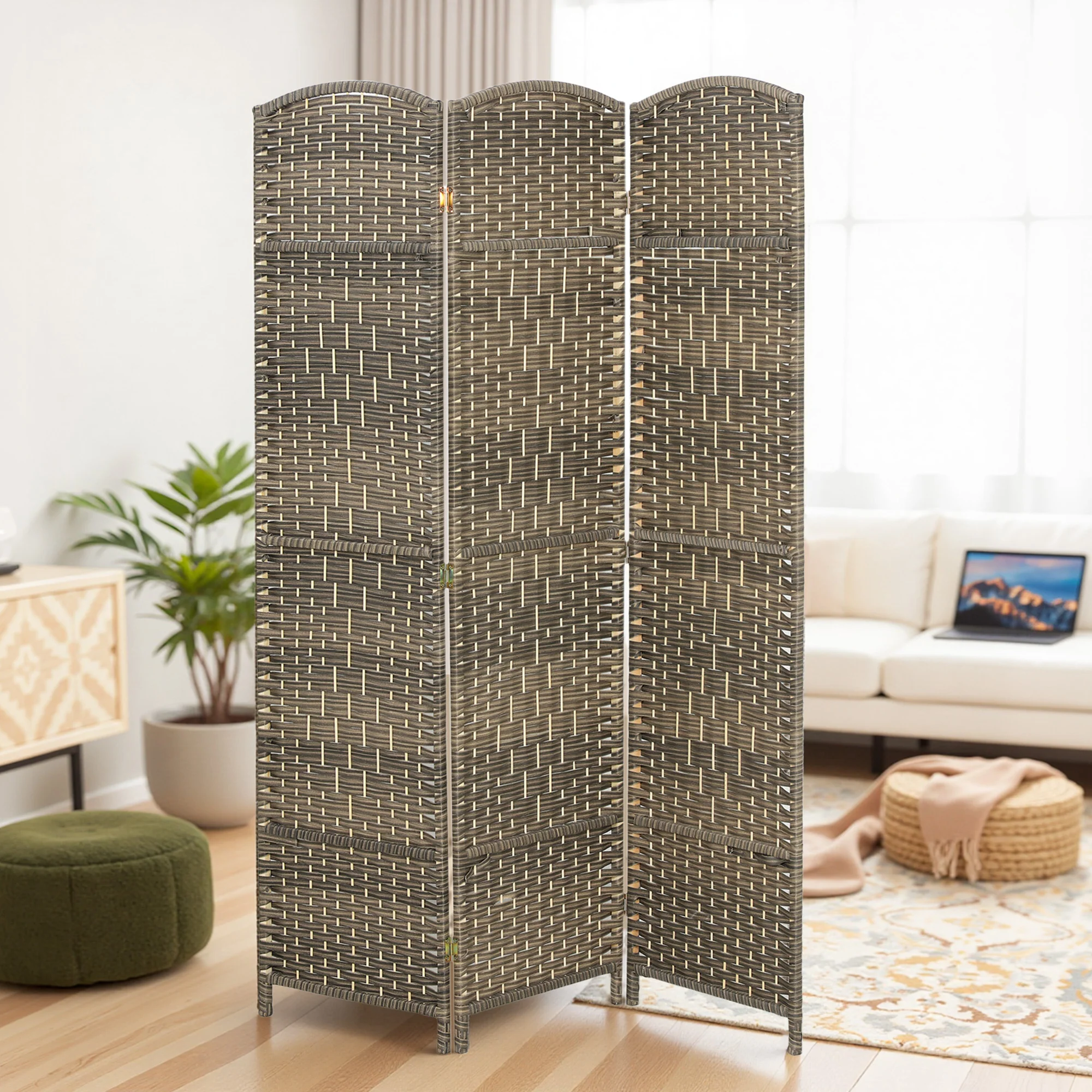 3 Panel Room Divider, 6' Tall Folding Privacy Screen, Hand-Woven Freestanding Wall Partition for Home Office, Bedroom, Dark Rustic Oak - Image 4
