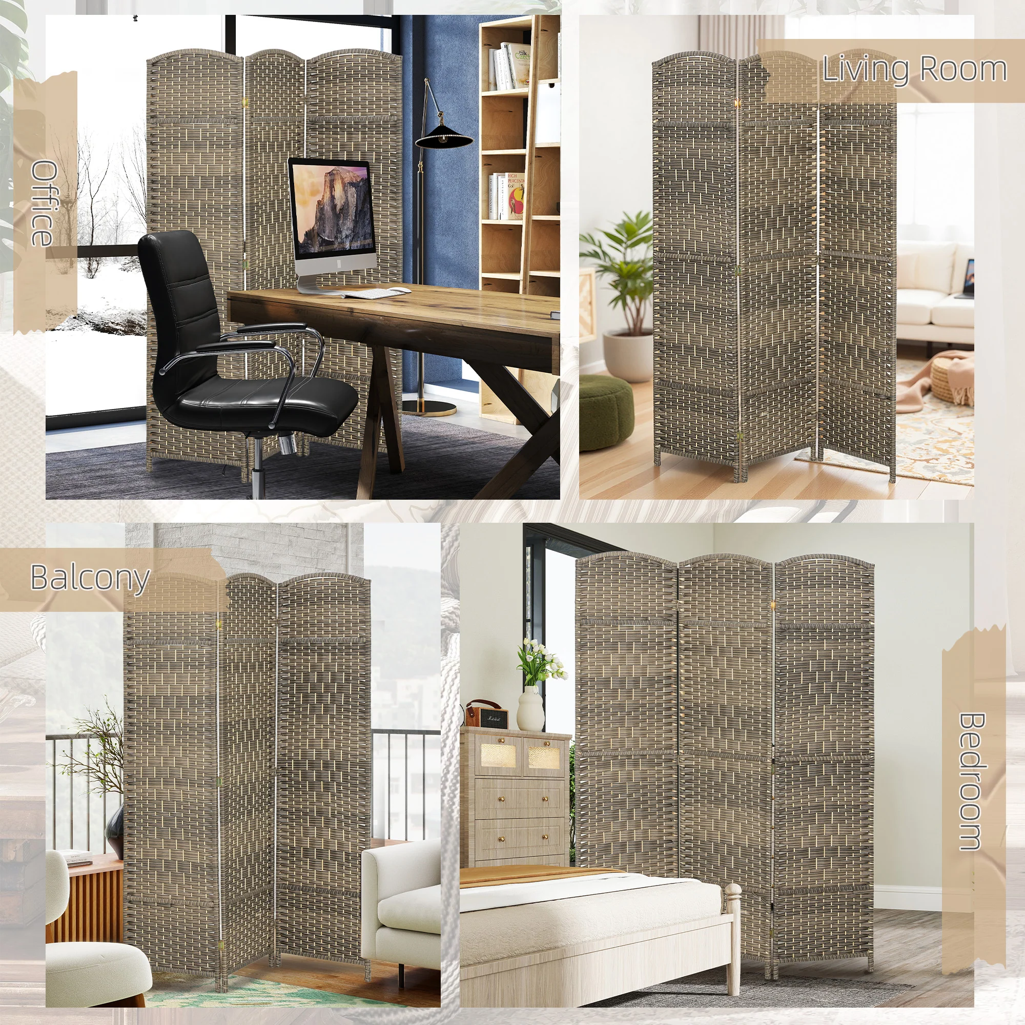 3 Panel Room Divider, 6' Tall Folding Privacy Screen, Hand-Woven Freestanding Wall Partition for Home Office, Bedroom, Dark Rustic Oak - Image 9