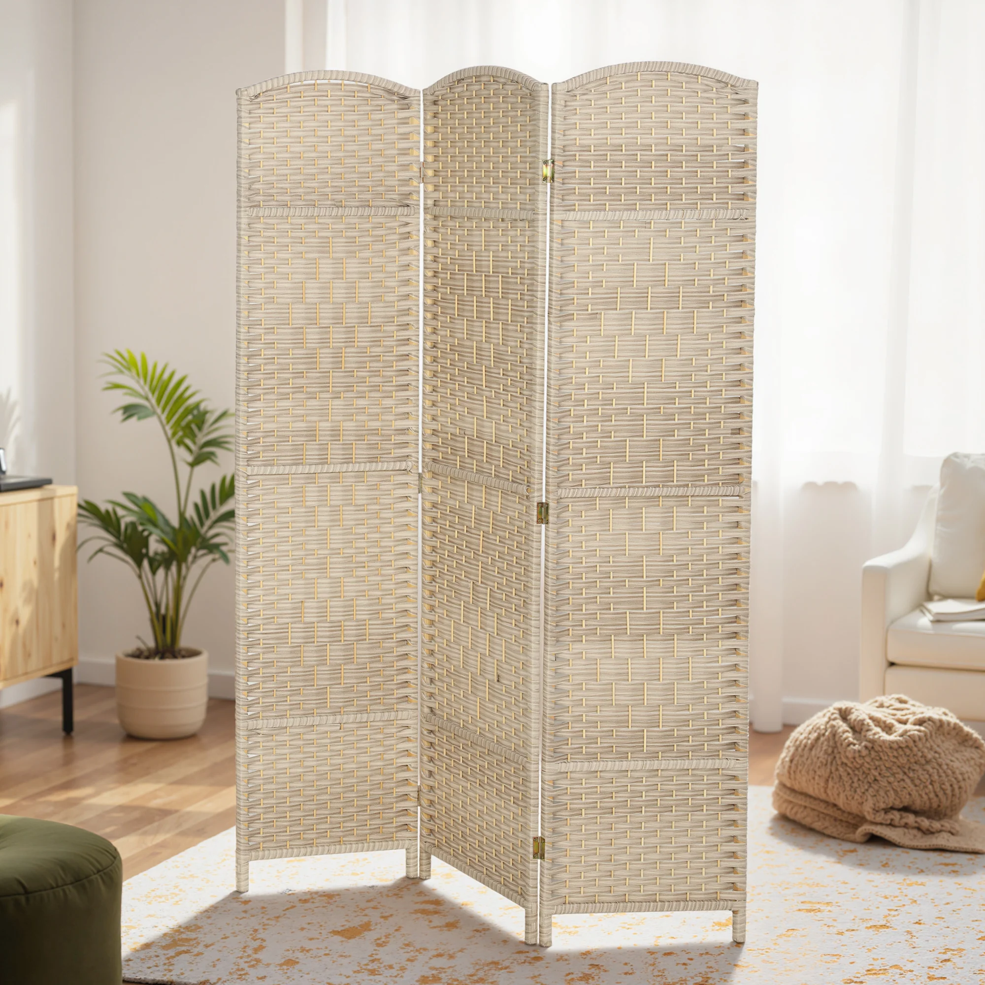 3 Panel Room Divider, 6' Tall Folding Privacy Screen, Hand-Woven Freestanding Wall Partition for Home Office, Bedroom, Washed Oak - Image 3