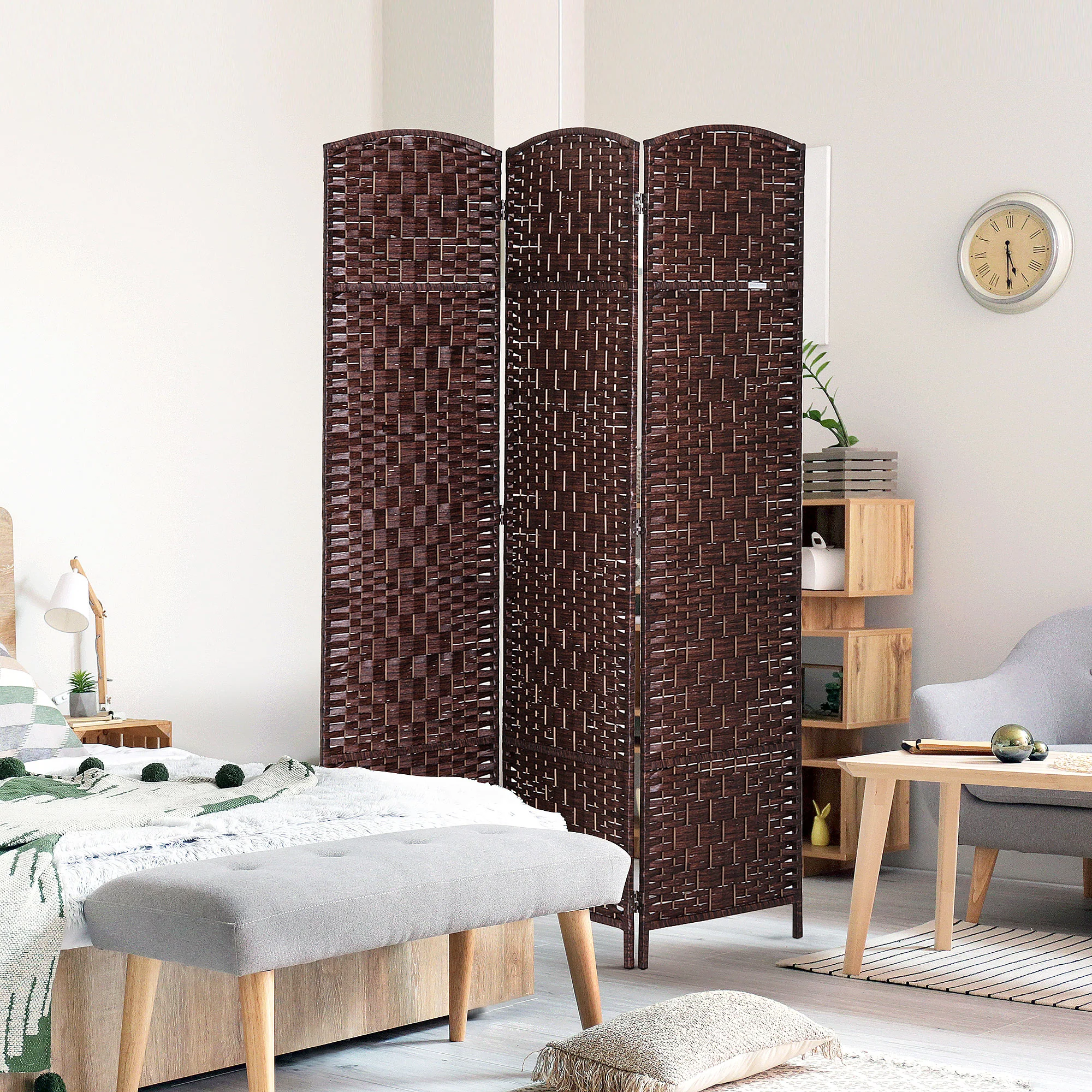 6 Ft Tall Indoor Portable Folding Room Divider, 3 Panels Hand-Woven Privacy Screens, Brown - Image 3