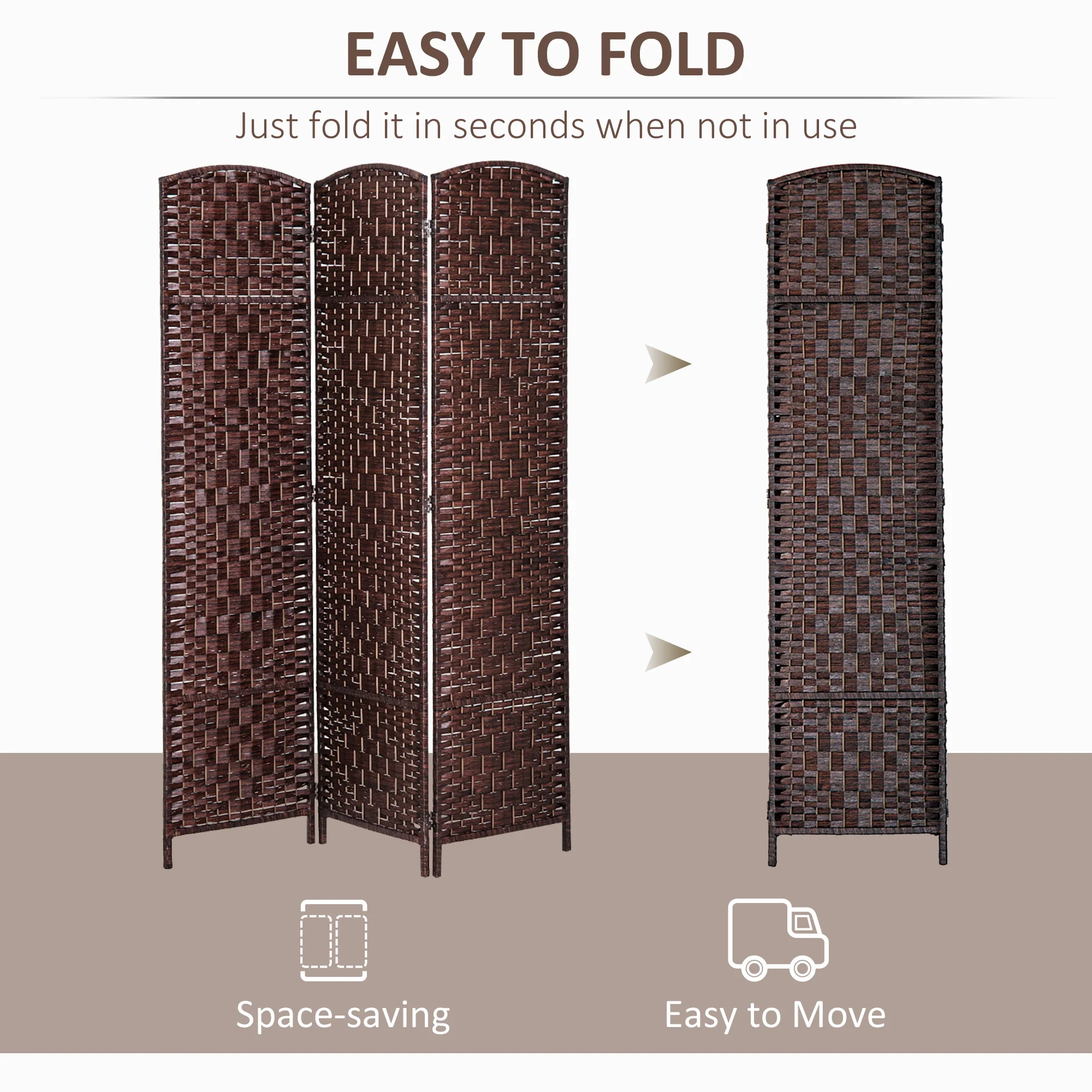 6 Ft Tall Indoor Portable Folding Room Divider, 3 Panels Hand-Woven Privacy Screens, Brown - Image 6