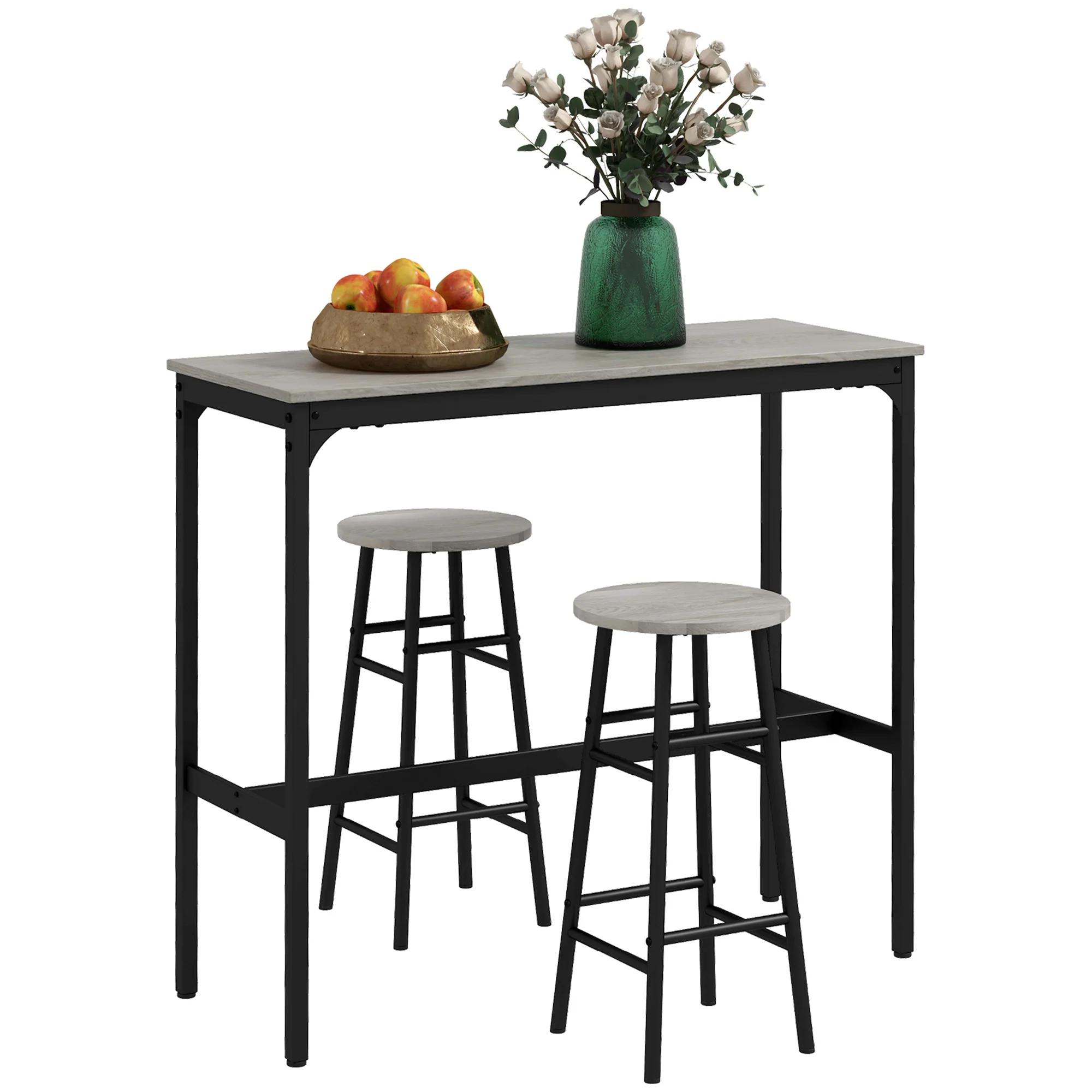 Industrial Bar Table and Stool Set of 2, Dining Table & Chair Set for Small Space, Grey